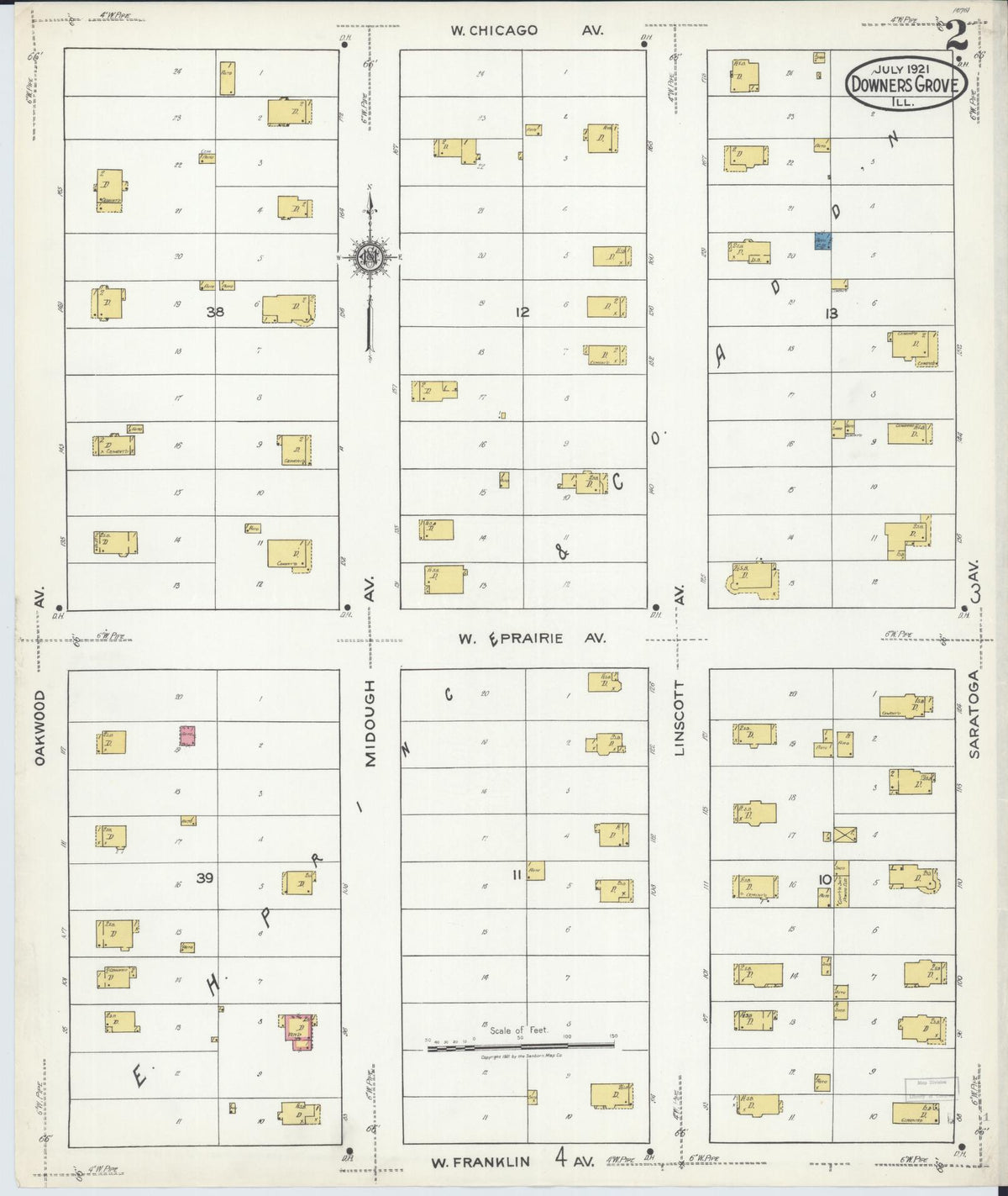 Sanborn Fire Insurance Map from Downers Grove, Dupage County, Illinois (1921), Sheet #0002 - Complete Map Set gallery image, historic Sanborn map, vintage wall art, Illinois Illinois