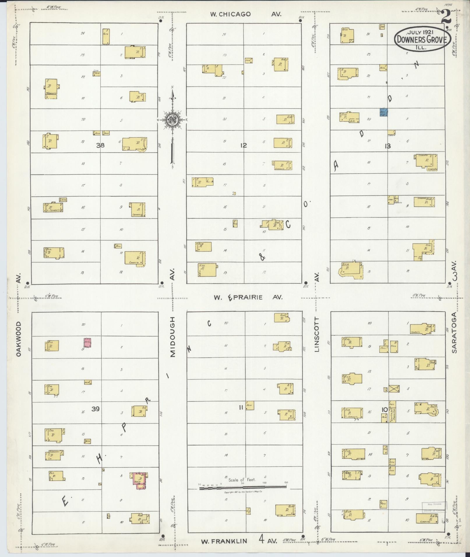 Sanborn Fire Insurance Map from Downers Grove, Dupage County, Illinois (1921), Sheet #0002 - Complete Map Set gallery image, historic Sanborn map, vintage wall art, Illinois Illinois