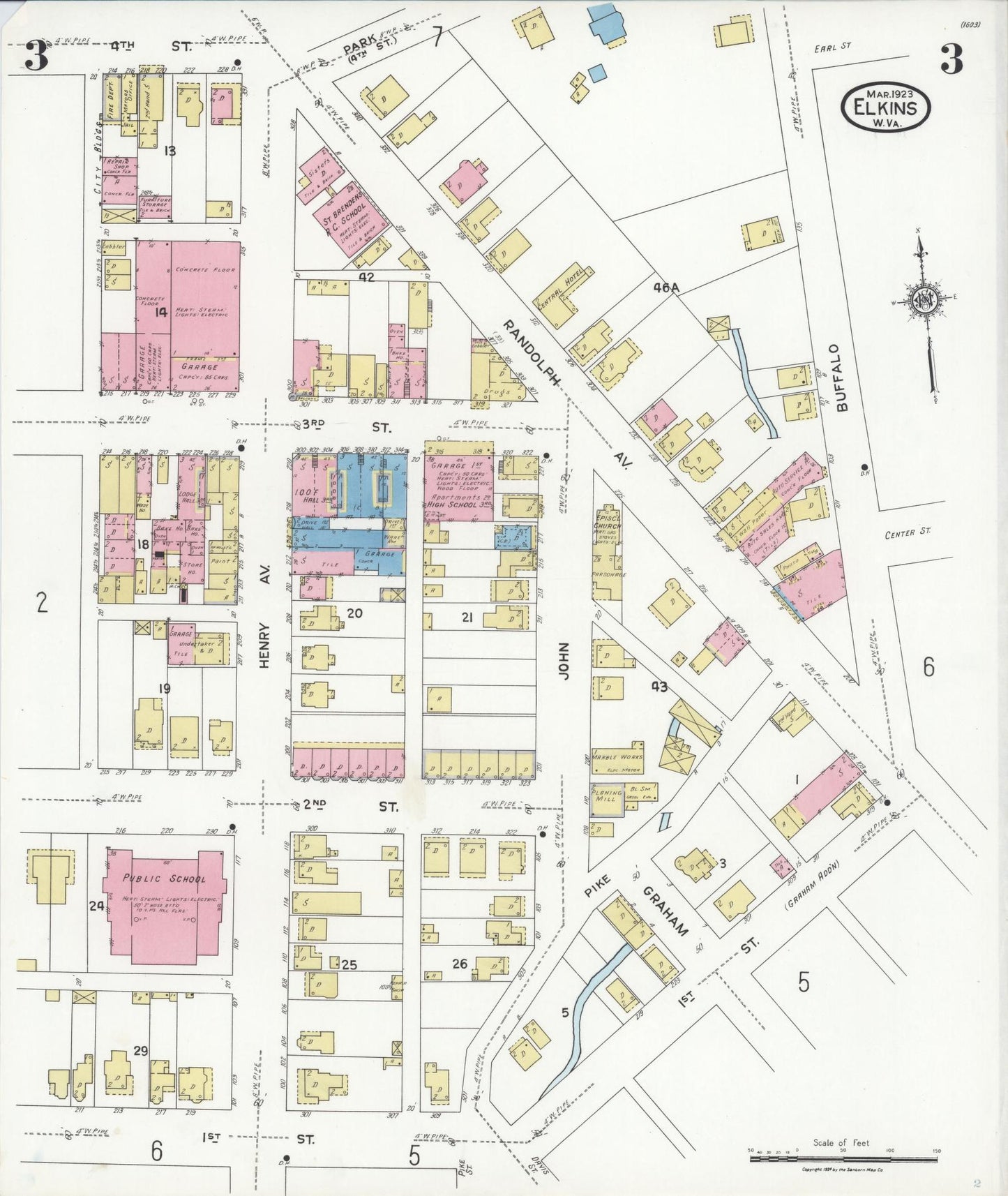 Sanborn Fire Insurance Map from Elkins, Randolph County, West Virginia (1923), Sheet #0003 - Historic Sanborn Fire Insurance Map Print, vintage old map wall art, antique decor, genealogy gift, West Virginia West Virginia map