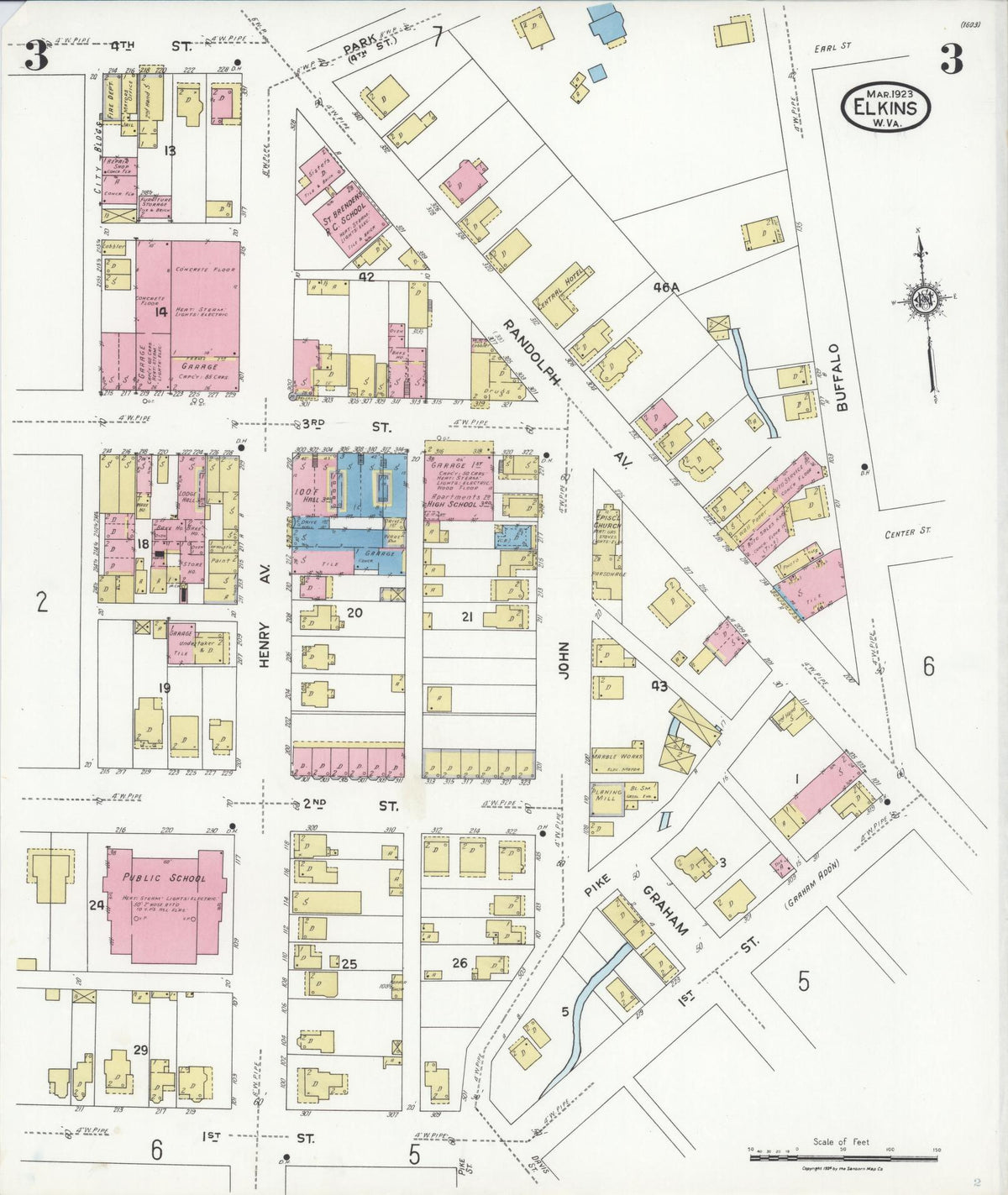 Sanborn Fire Insurance Map from Elkins, Randolph County, West Virginia (1923), Sheet #0003 - Historic Sanborn Fire Insurance Map Print, vintage old map wall art, antique decor, genealogy gift, West Virginia West Virginia map