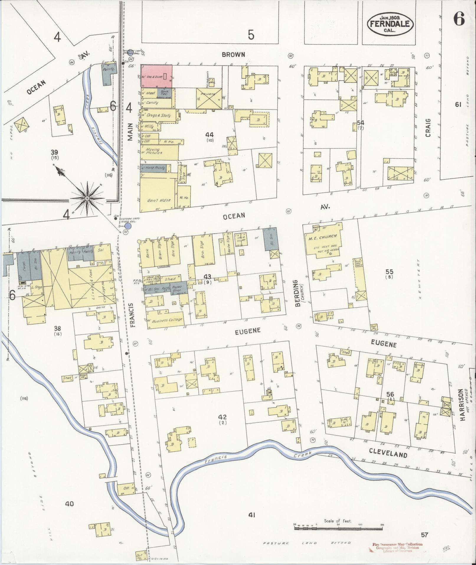 Sanborn Fire Insurance Map from Ferndale, Humboldt County, California (1909), Sheet #0006 - Historic Sanborn Fire Insurance Map Print, vintage old map wall art, antique decor, genealogy gift, California California map