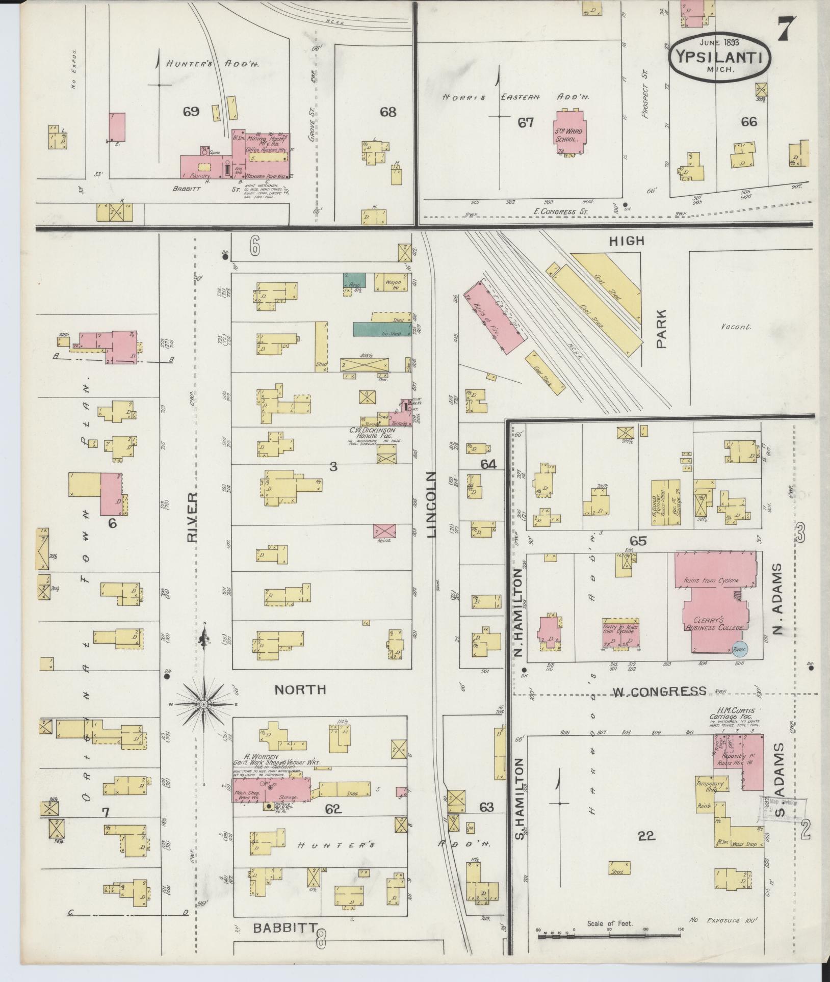 Sanborn Fire Insurance Map from Ypsilanti, Washtenaw County, Michigan (1893), Sheet #0007 - Complete Map Set gallery image, historic Sanborn map, vintage wall art, Michigan Michigan