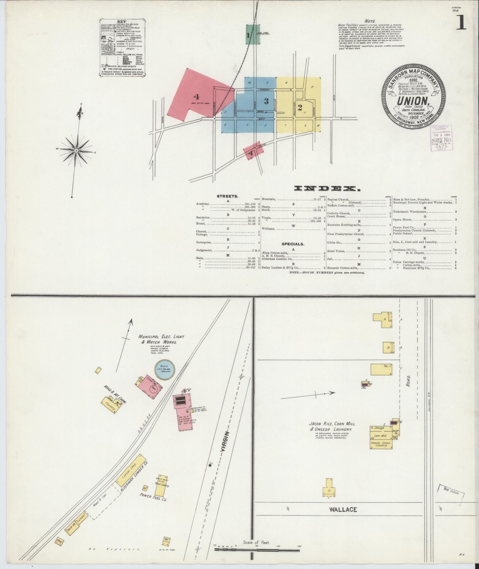 Sanborn Fire Insurance Map from Union, Union County, South Carolina (1902), Sheet #0001 - Historic Sanborn Fire Insurance Map Print, vintage old map wall art, antique decor, genealogy gift, South Carolina South Carolina map
