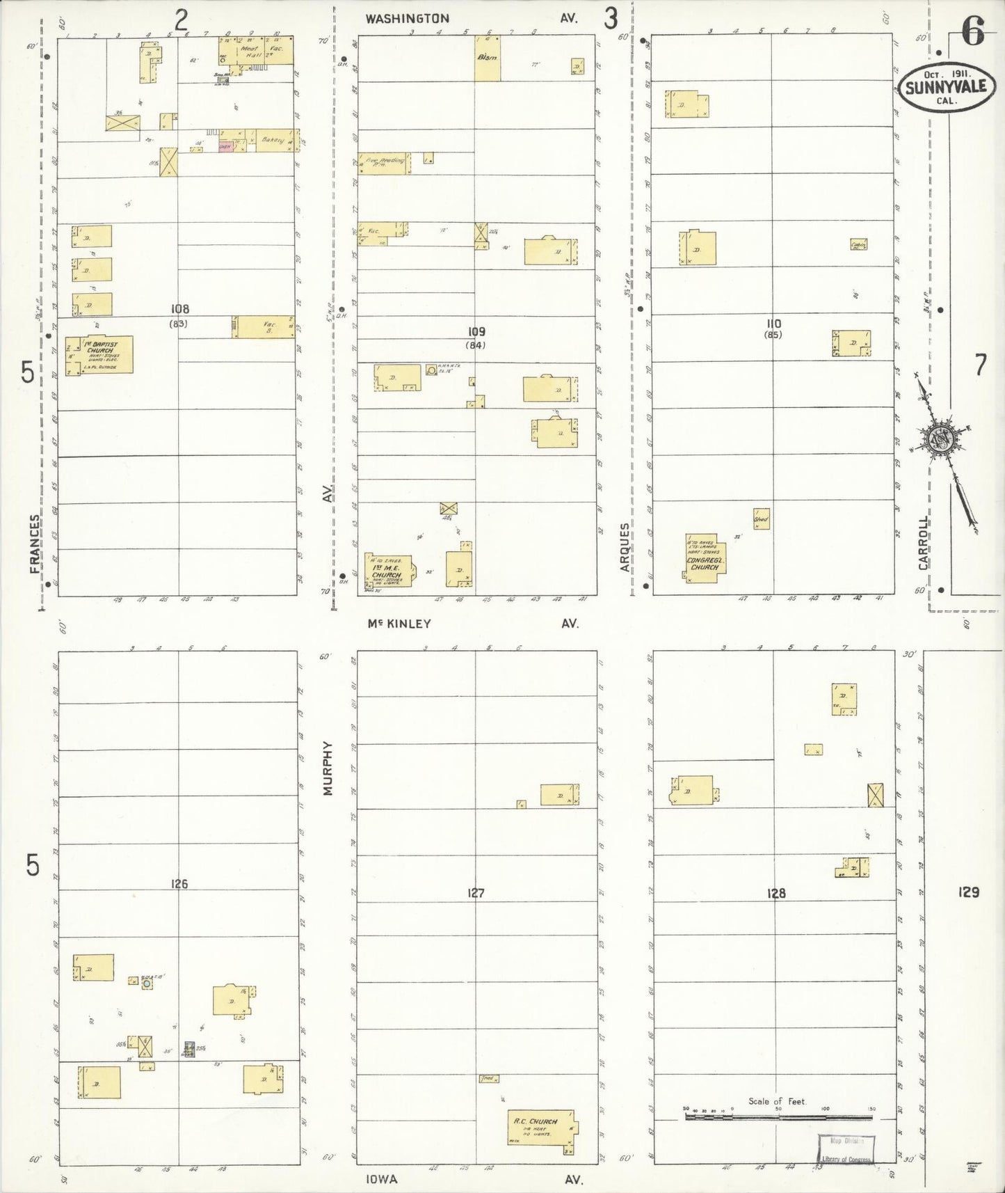Sanborn Fire Insurance Map from Sunnyvale, Santa Clara County, California (1911), Sheet #0006 - Complete Map Set gallery image, historic Sanborn map, vintage wall art, California California