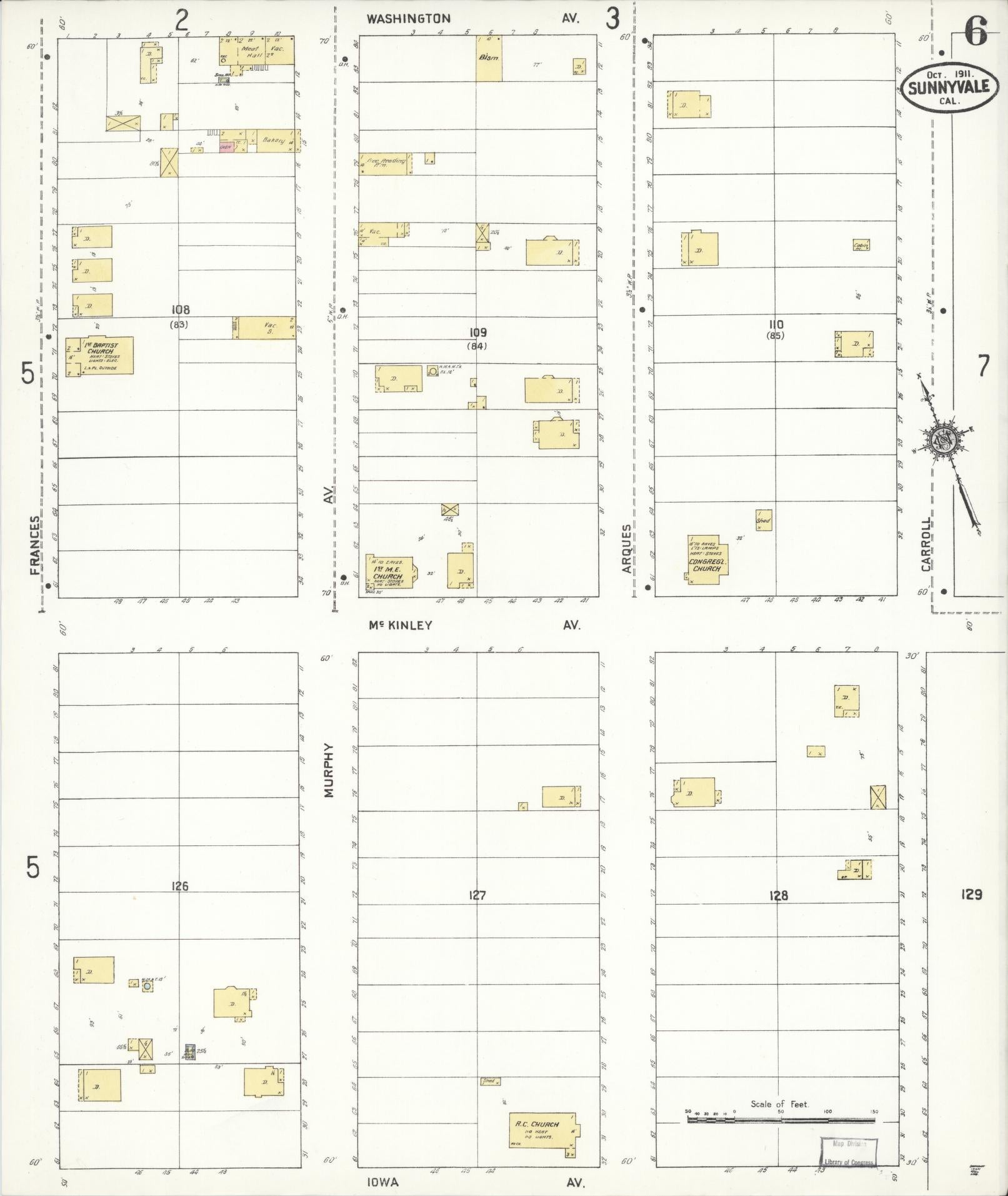 Sanborn Fire Insurance Map from Sunnyvale, Santa Clara County, California (1911), Sheet #0006 - Complete Map Set gallery image, historic Sanborn map, vintage wall art, California California