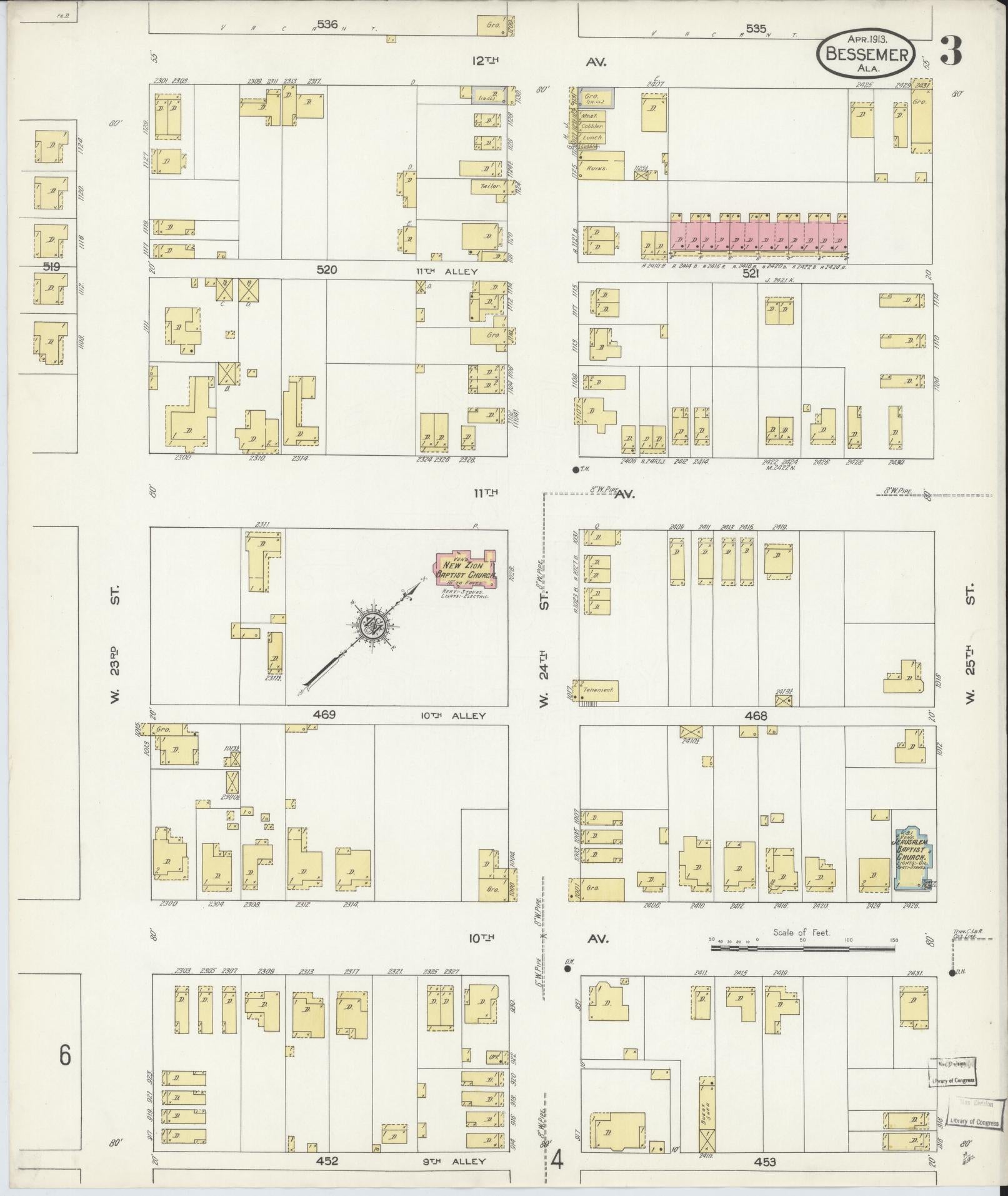 Sanborn Fire Insurance Map from Bessemer, Jefferson County, Alabama (1913), Sheet #0003 - Complete Map Set gallery image, historic Sanborn map, vintage wall art, Alabama Alabama