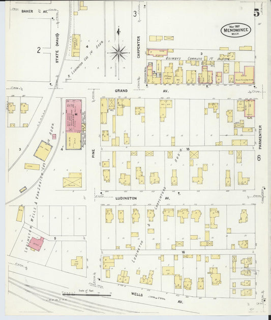 Sanborn Fire Insurance Map from Menominee, Menominee County, Michigan (1907), Sheet #0005 - Historic Sanborn Fire Insurance Map Print, vintage old map wall art, antique decor, genealogy gift, Michigan Michigan map