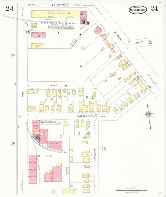 Sanborn Fire Insurance Map from Burlington, Chittenden County, Vermont (1926), Sheet #0024 - Historic Sanborn Fire Insurance Map Print, vintage old map wall art, antique decor, genealogy gift, Vermont Vermont map