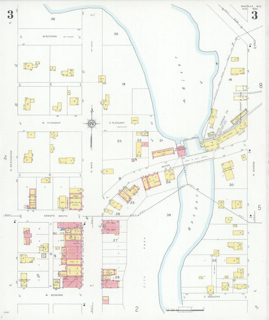 Sanborn Fire Insurance Map from Waupaca, Waupaca County, Wisconsin (1934), Sheet #0003 - Historic Sanborn Fire Insurance Map Print, vintage old map wall art, antique decor, genealogy gift, Wisconsin Wisconsin map