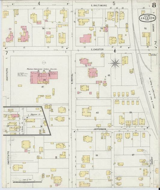 Sanborn Fire Insurance Map from Jackson, Madison County, Tennessee (1896), Sheet #0008 - Historic Sanborn Fire Insurance Map Print, vintage old map wall art, antique decor, genealogy gift, Tennessee Tennessee map