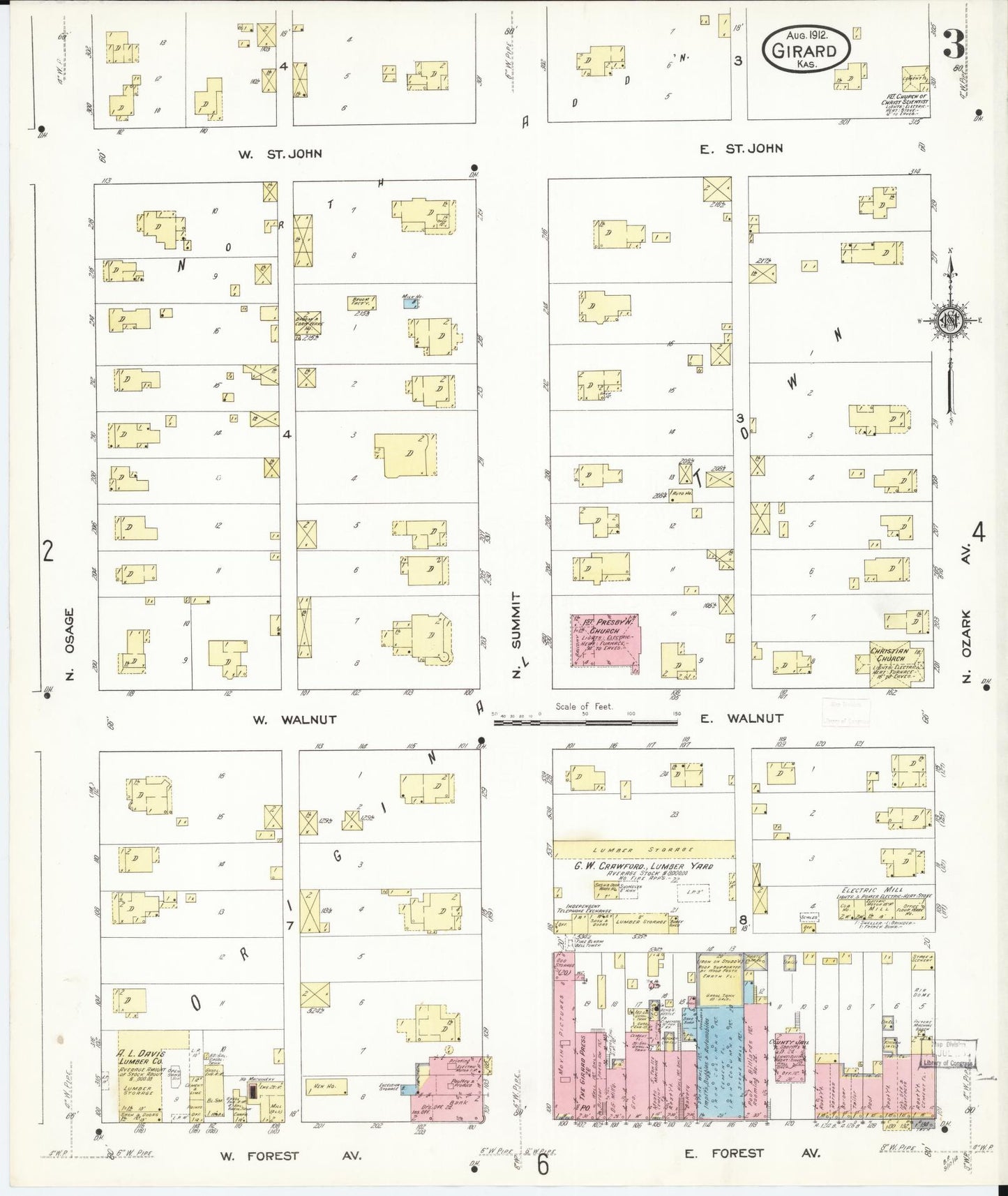 Sanborn Fire Insurance Map from Girard, Crawford County, Kansas (1912), Sheet #0003 - Complete Map Set gallery image, historic Sanborn map, vintage wall art, Kansas Kansas