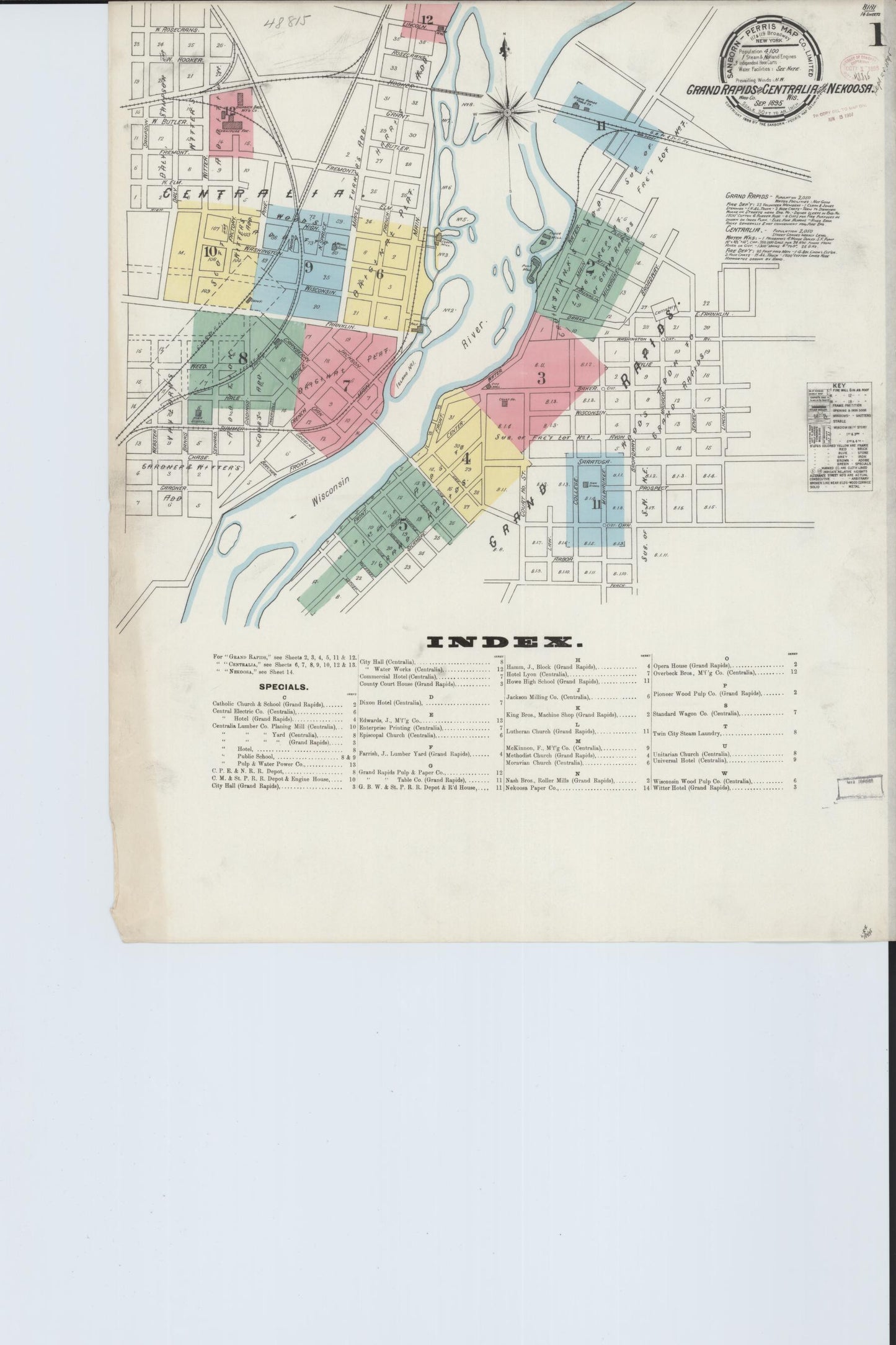 Sanborn Fire Insurance Map from Grand Rapids, Wood County, Wisconsin (1895), Sheet #0001 - Historic Sanborn Fire Insurance Map Print, vintage old map wall art, antique decor, genealogy gift, Wisconsin Wisconsin map