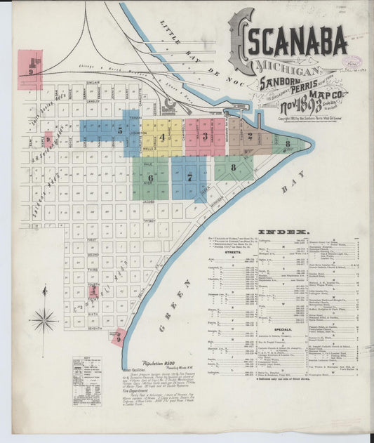 Sanborn Fire Insurance Map from Escanaba, Delta County, Michigan (1893), Sheet #0001 - Complete Map Set gallery image, historic Sanborn map, vintage wall art, Michigan Michigan
