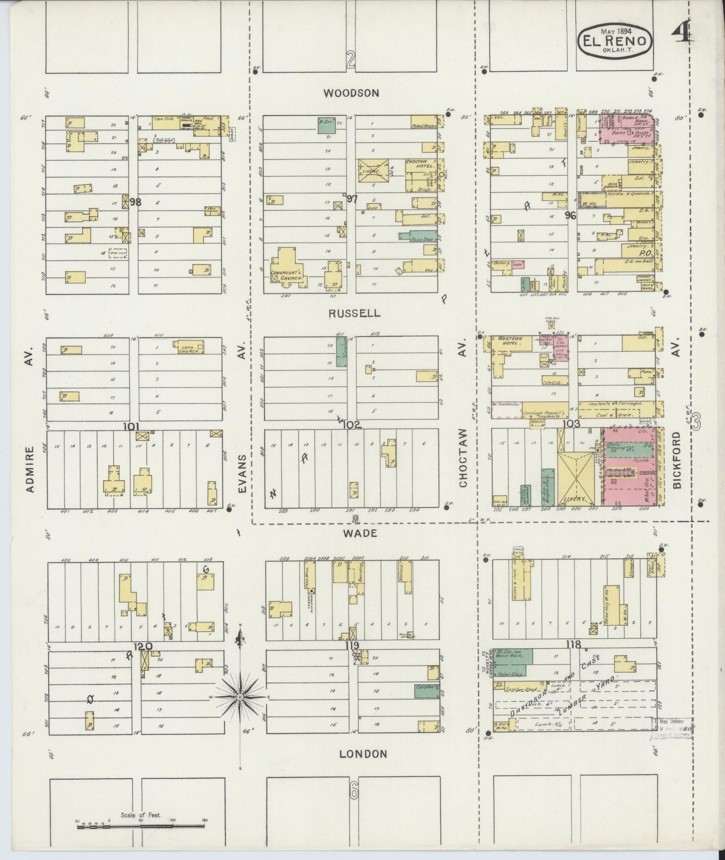 Sanborn Fire Insurance Map from El Reno, Canadian County, Oklahoma (1894), Sheet #0004 - Complete Map Set gallery image, historic Sanborn map, vintage wall art, Oklahoma Oklahoma