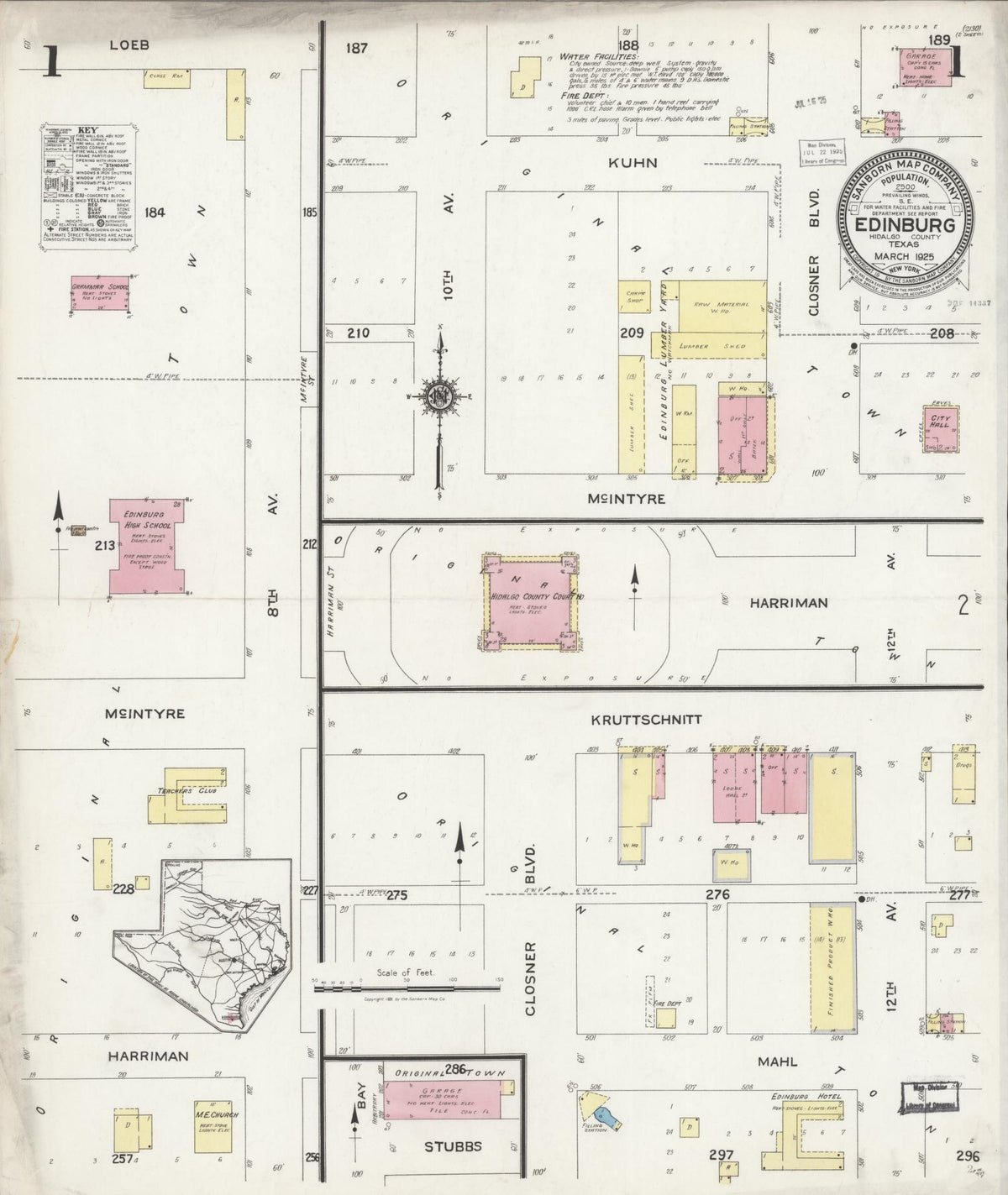 Sanborn Fire Insurance Map from Edinburg, Hidalgo County, Texas (1925), Sheet #0001 - Historic Sanborn Fire Insurance Map Print, vintage old map wall art, antique decor, genealogy gift, Texas Texas map