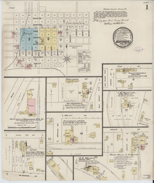 Sanborn Fire Insurance Map from Martinsville, Morgan County, Indiana (1888), Sheet #0001 - Historic Sanborn Fire Insurance Map Print, vintage old map wall art, antique decor, genealogy gift, Indiana Indiana map
