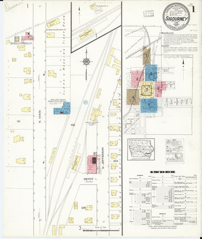 Sanborn Fire Insurance Map from Sigourney, Kiokuk County, Iowa (1916), Sheet #0001 - Historic Sanborn Fire Insurance Map Print, vintage old map wall art