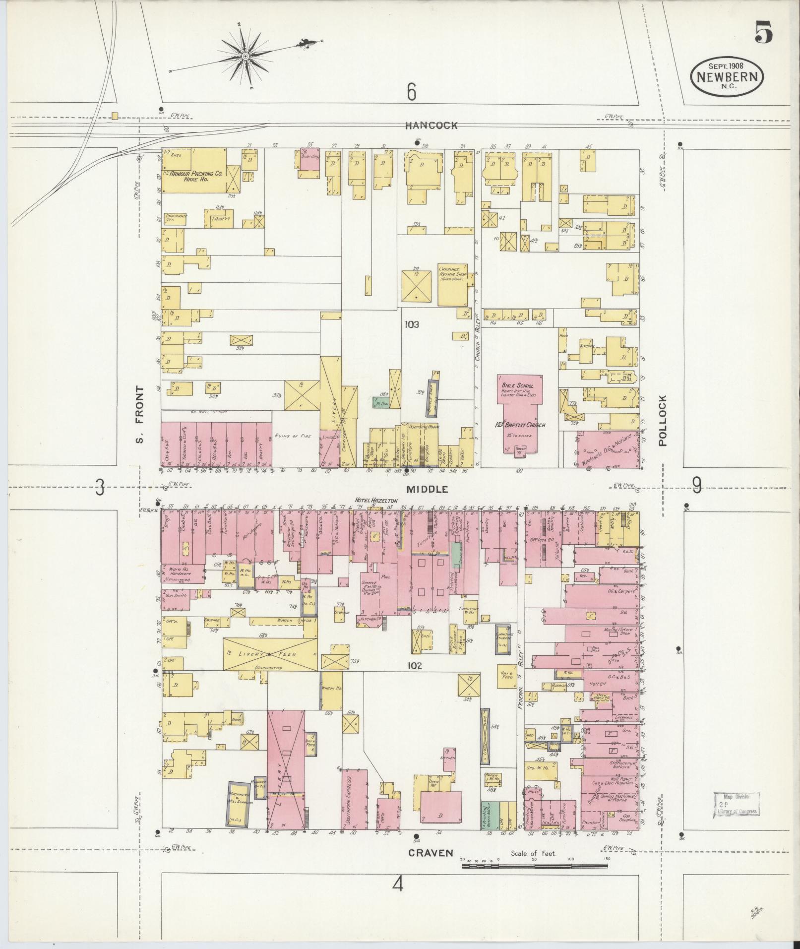 Sanborn Fire Insurance Map from New Bern, Craven County, North Carolina (1908), Sheet #0005 - Historic Sanborn Fire Insurance Map Print, vintage old map wall art, antique decor, genealogy gift, North Carolina North Carolina map