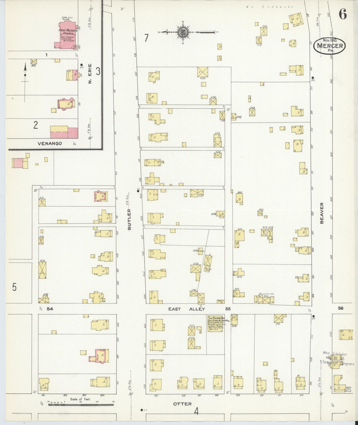 Sanborn Fire Insurance Map from Mercer, Mercer County, Pennsylvania (1910), Sheet #0006 - Complete Map Set gallery image, historic Sanborn map, vintage wall art, Pennsylvania Pennsylvania