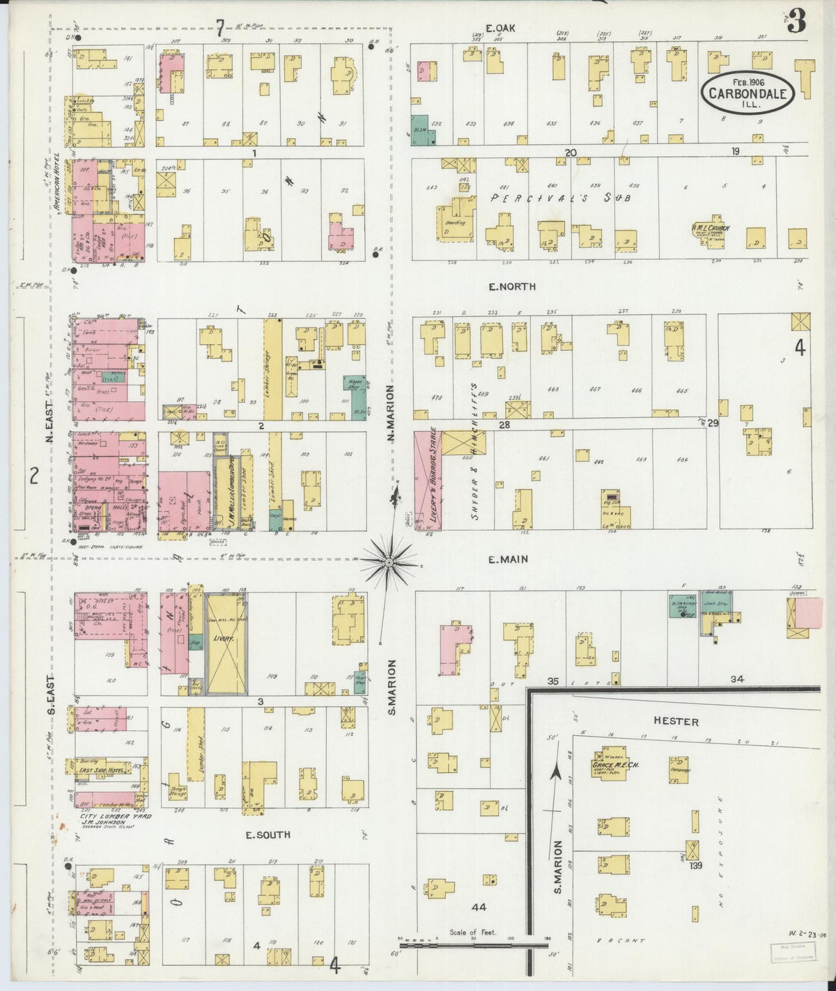 Sanborn Fire Insurance Map from Carbondale, Jackson County, Illinois (1906), Sheet #0003 - Complete Map Set gallery image, historic Sanborn map, vintage wall art, Illinois Illinois