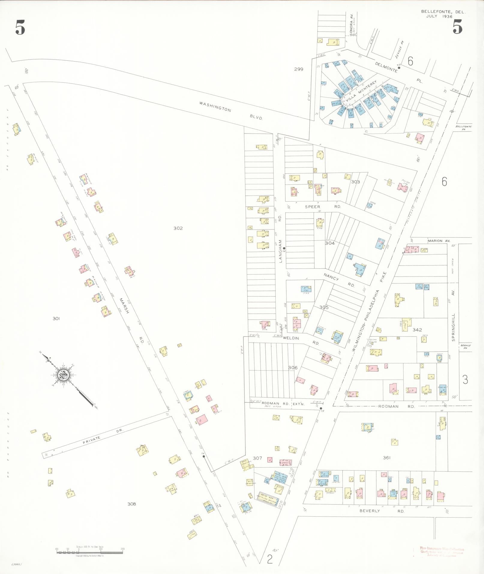 Sanborn Fire Insurance Map from Bellefonte, New Castle County, Delaware (1936), Sheet #0005 - Historic Sanborn Fire Insurance Map Print, vintage old map wall art, antique decor, genealogy gift, Delaware Delaware map