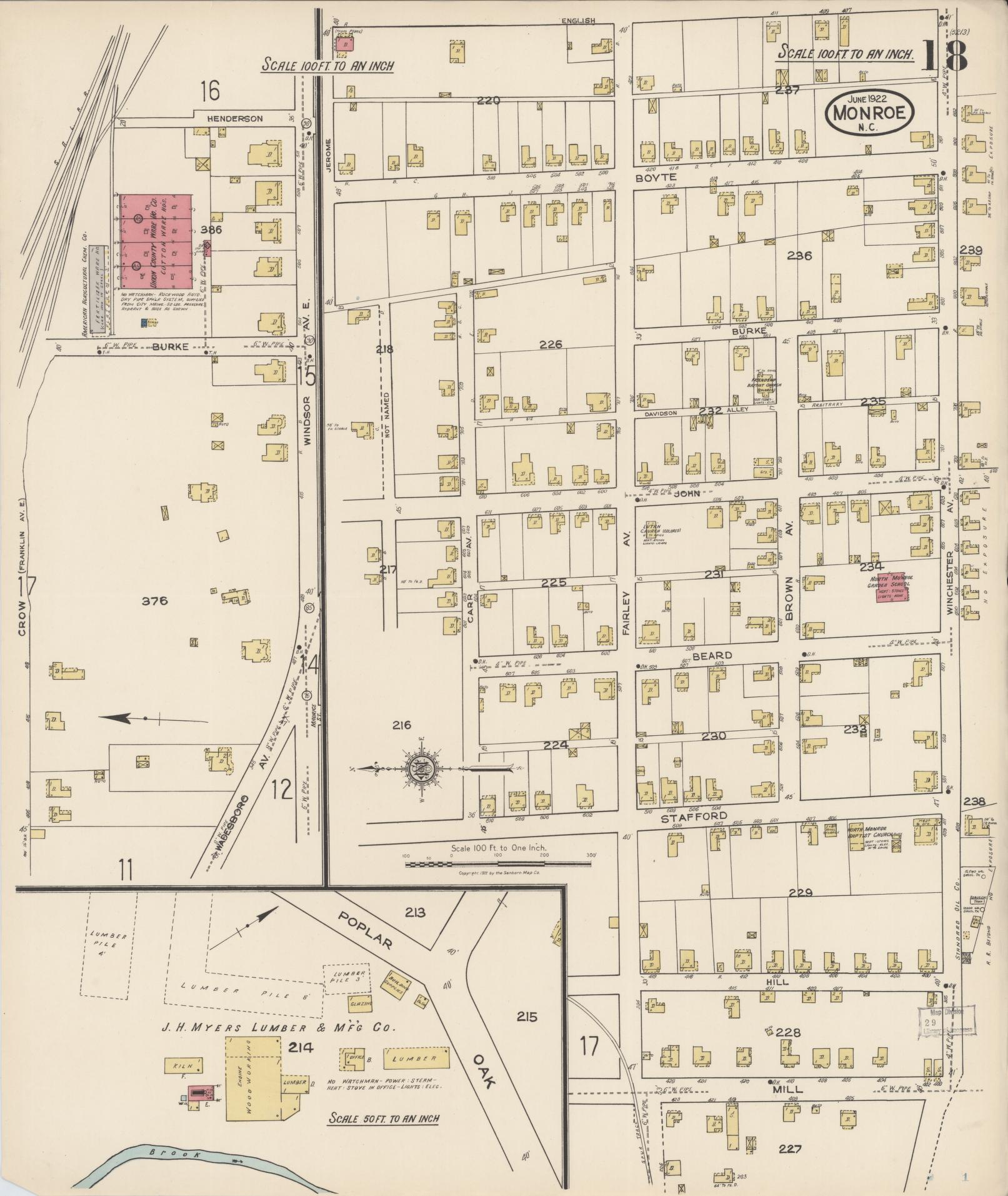 Sanborn Fire Insurance Map from Monroe, Union County, North Carolina (1922), Sheet #0018 - Historic Sanborn Fire Insurance Map Print, vintage old map wall art, antique decor, genealogy gift, North Carolina North Carolina map