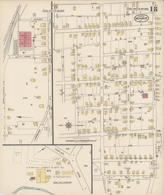 Sanborn Fire Insurance Map from Monroe, Union County, North Carolina (1922), Sheet #0018 - Historic Sanborn Fire Insurance Map Print, vintage old map wall art, antique decor, genealogy gift, North Carolina North Carolina map