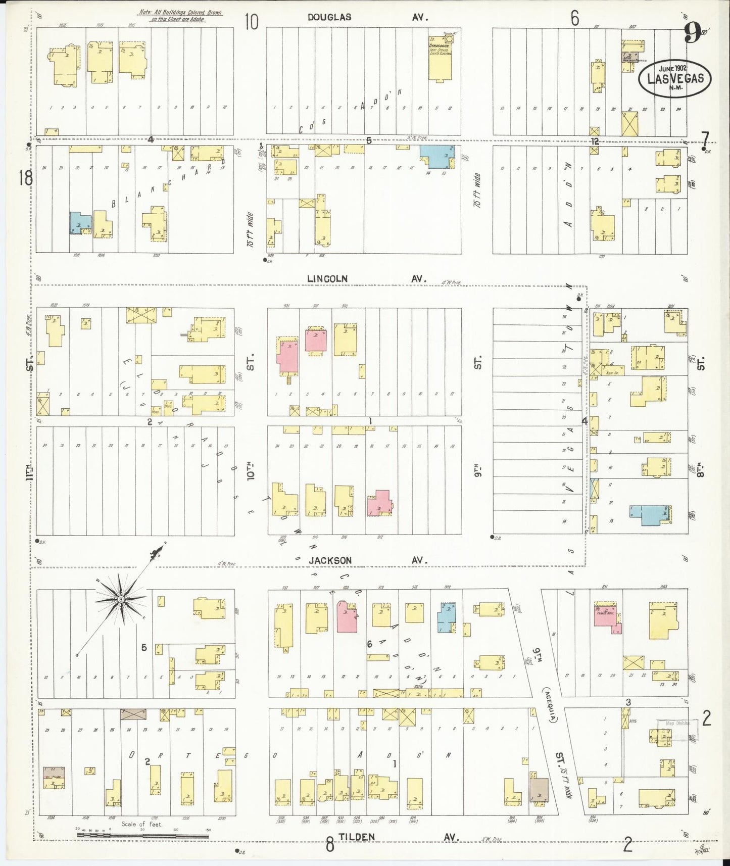 Sanborn Fire Insurance Map from Las Vegas, San Miguel County, New Mexico (1902), Sheet #0009 - Historic Sanborn Fire Insurance Map Print, vintage old map wall art, antique decor, genealogy gift, New Mexico New Mexico map