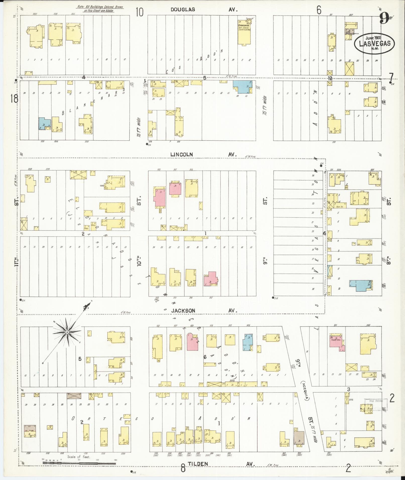 Sanborn Fire Insurance Map from Las Vegas, San Miguel County, New Mexico (1902), Sheet #0009 - Historic Sanborn Fire Insurance Map Print, vintage old map wall art, antique decor, genealogy gift, New Mexico New Mexico map