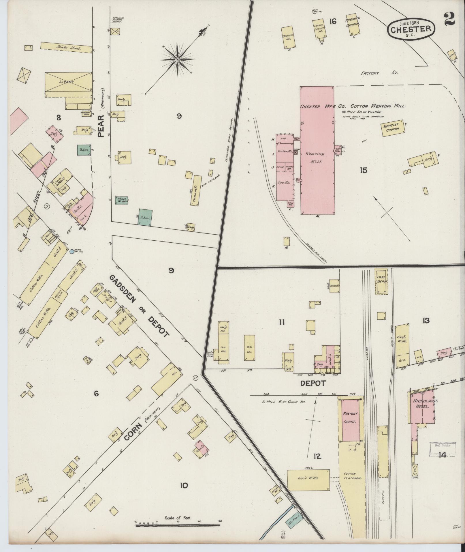 Sanborn Fire Insurance Map from Chester, Chester County, South Carolina (1889), Sheet #0002 - Complete Map Set gallery image, historic Sanborn map, vintage wall art, South Carolina South Carolina