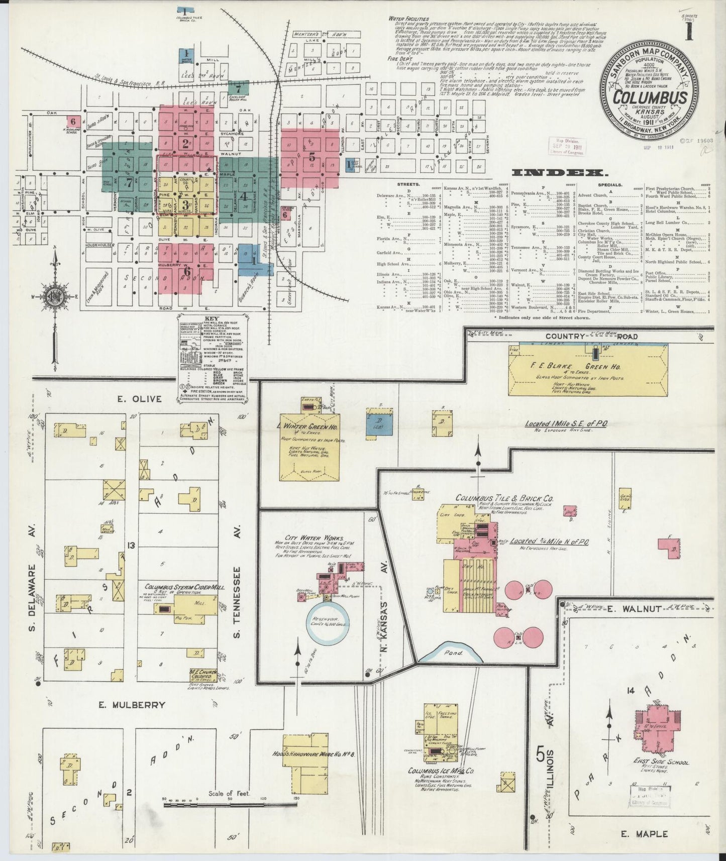 Sanborn Fire Insurance Map from Columbus, Cherokee County, Kansas (1911), Sheet #0001 - Historic Sanborn Fire Insurance Map Print, vintage old map wall art, antique decor, genealogy gift, Kansas Kansas map