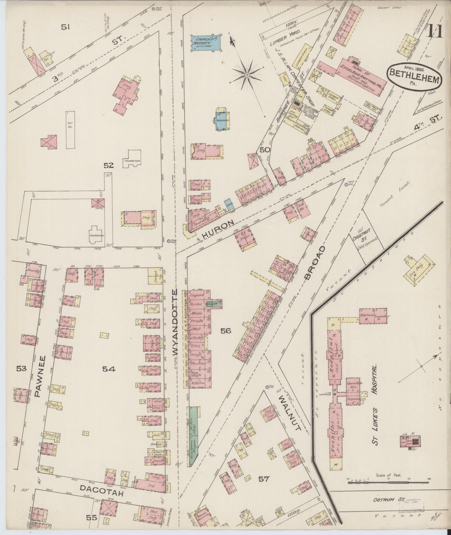 Sanborn Fire Insurance Map from Bethlehem, Northampton And Lehigh Counties, Pennsylvania (1885), Sheet #0011 - Historic Sanborn Fire Insurance Map Print, vintage old map wall art, antique decor, genealogy gift, Pennsylvania Pennsylvania map
