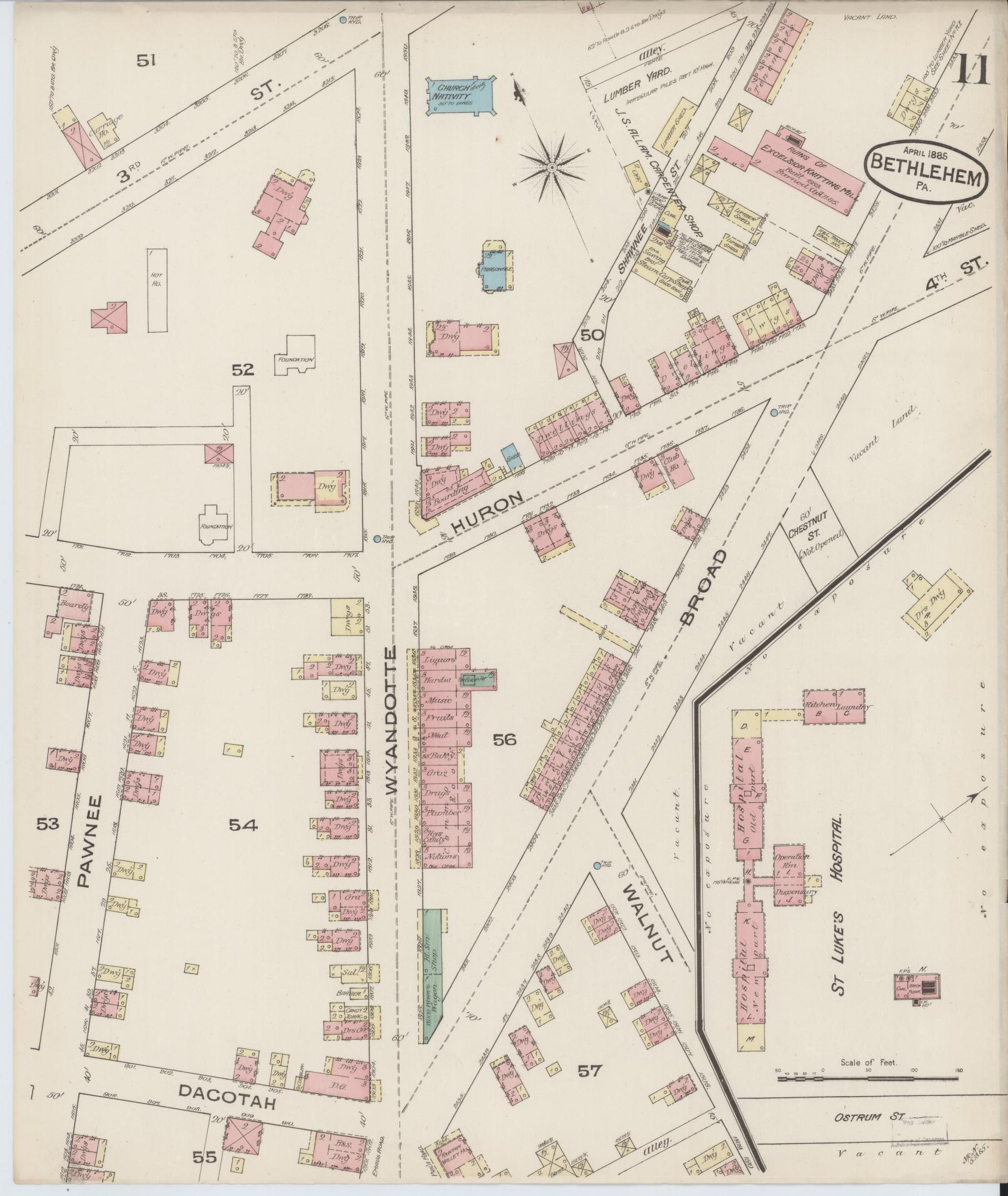 Sanborn Fire Insurance Map from Bethlehem, Northampton And Lehigh Counties, Pennsylvania (1885), Sheet #0011 - Historic Sanborn Fire Insurance Map Print, vintage old map wall art, antique decor, genealogy gift, Pennsylvania Pennsylvania map