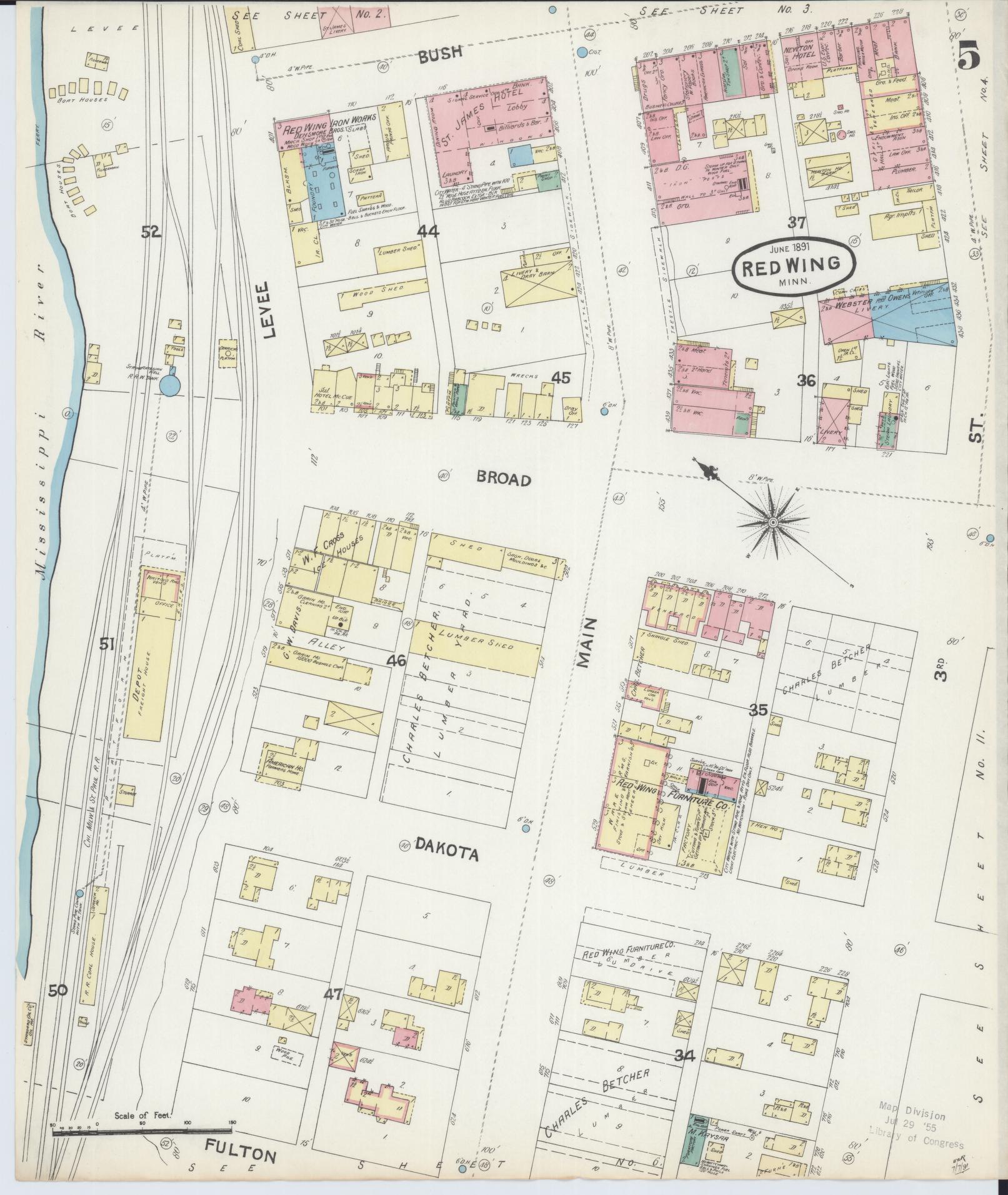 Sanborn Fire Insurance Map from Red Wing, Goodhue County, Minnesota (1891), Sheet #0005 - Complete Map Set gallery image, historic Sanborn map, vintage wall art, Minnesota Minnesota