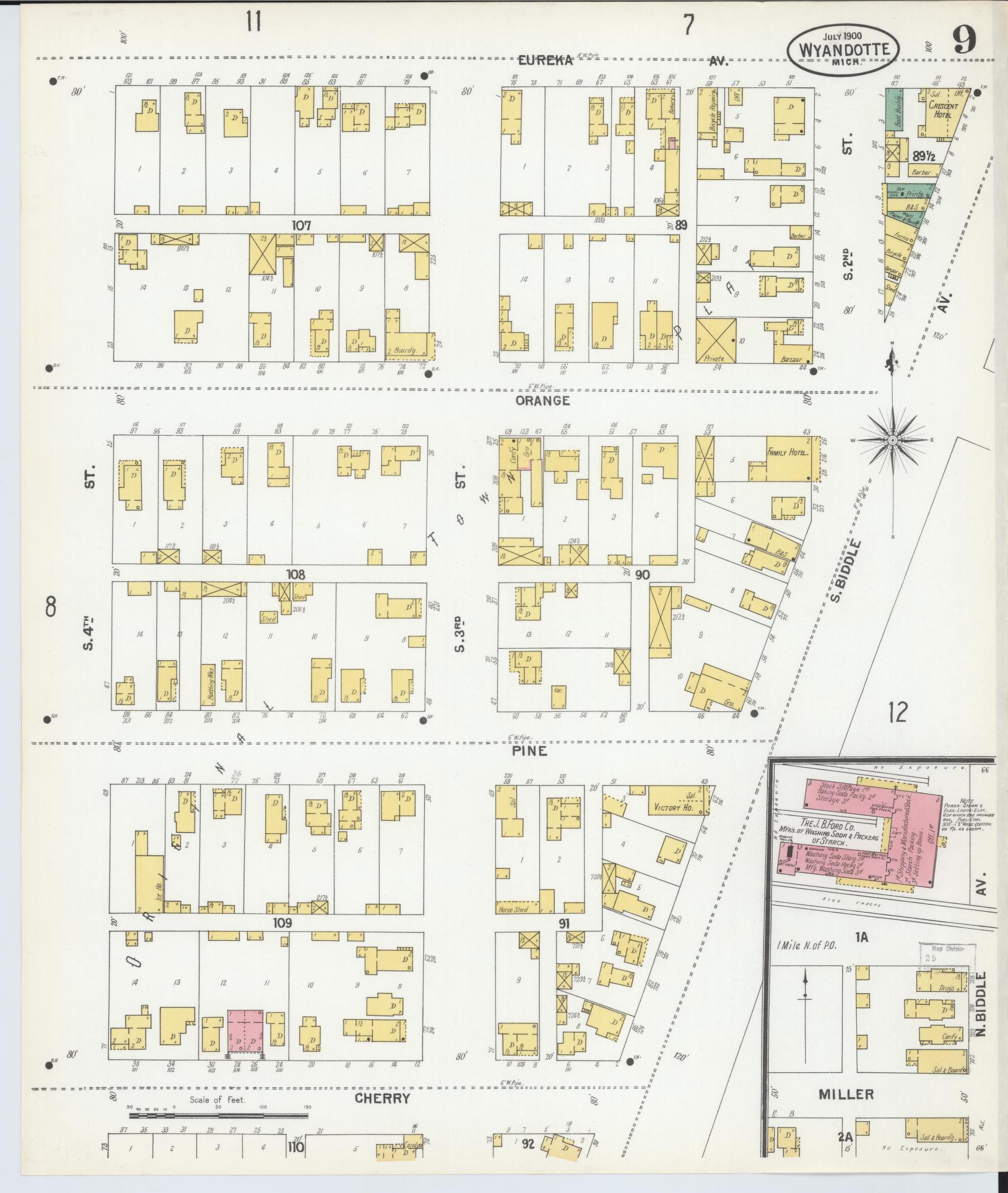 Sanborn Fire Insurance Map from Wyandotte, Wayne County, Michigan (1900), Sheet #0009 - Historic Sanborn Fire Insurance Map Print, vintage old map wall art, antique decor, genealogy gift, Michigan Michigan map
