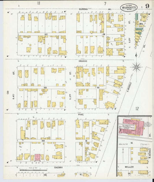 Sanborn Fire Insurance Map from Wyandotte, Wayne County, Michigan (1900), Sheet #0009 - Historic Sanborn Fire Insurance Map Print, vintage old map wall art, antique decor, genealogy gift, Michigan Michigan map