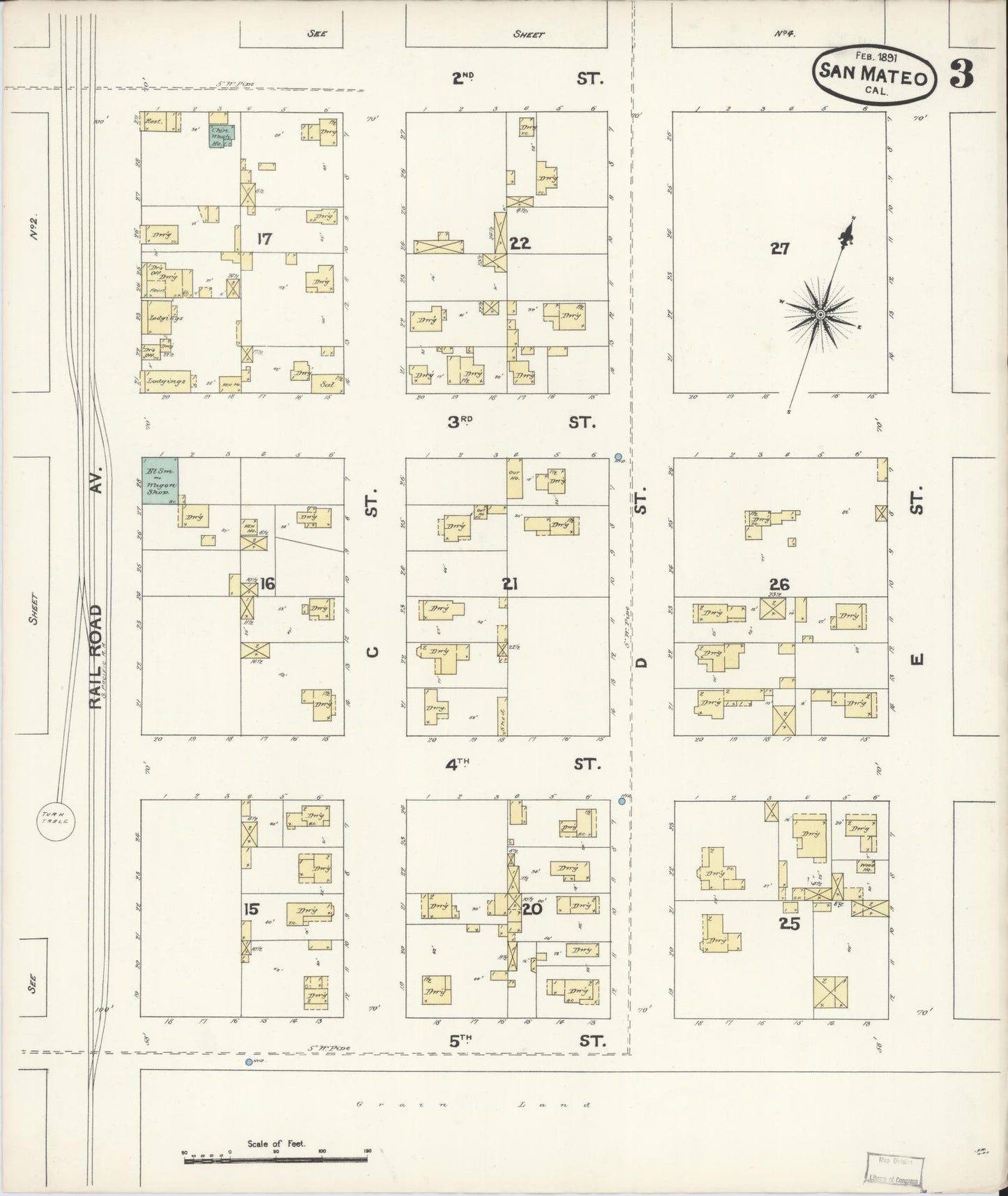 Sanborn Fire Insurance Map from San Mateo, San Mateo County, California (1891), Sheet #0003 - Complete Map Set gallery image, historic Sanborn map, vintage wall art, California California