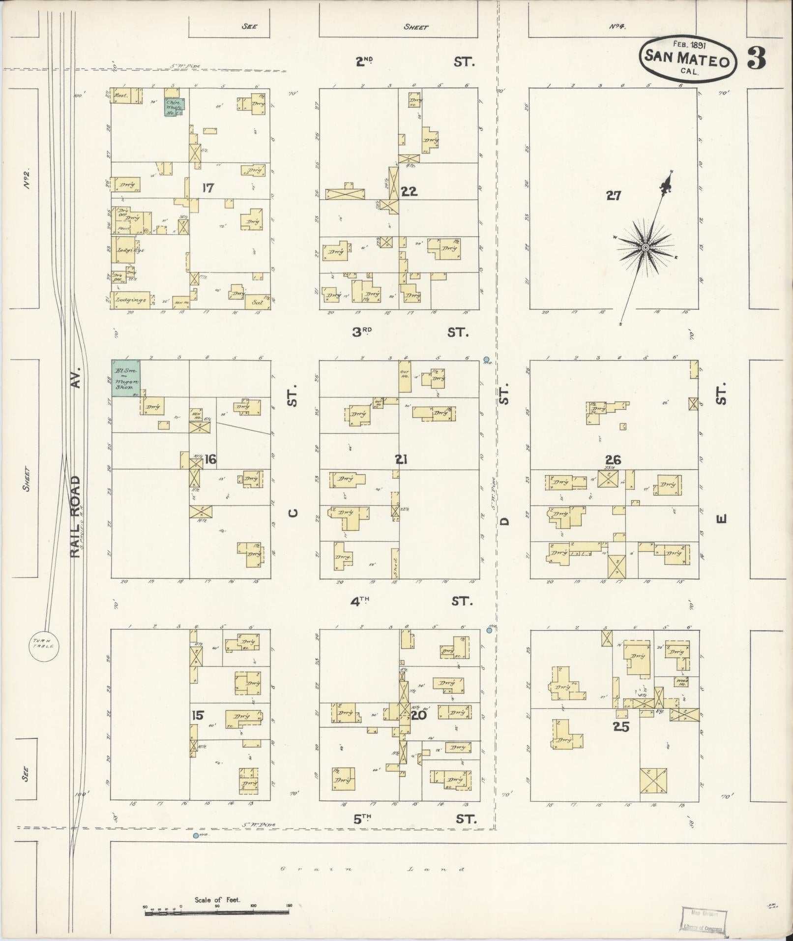 Sanborn Fire Insurance Map from San Mateo, San Mateo County, California (1891), Sheet #0003 - Complete Map Set gallery image, historic Sanborn map, vintage wall art, California California