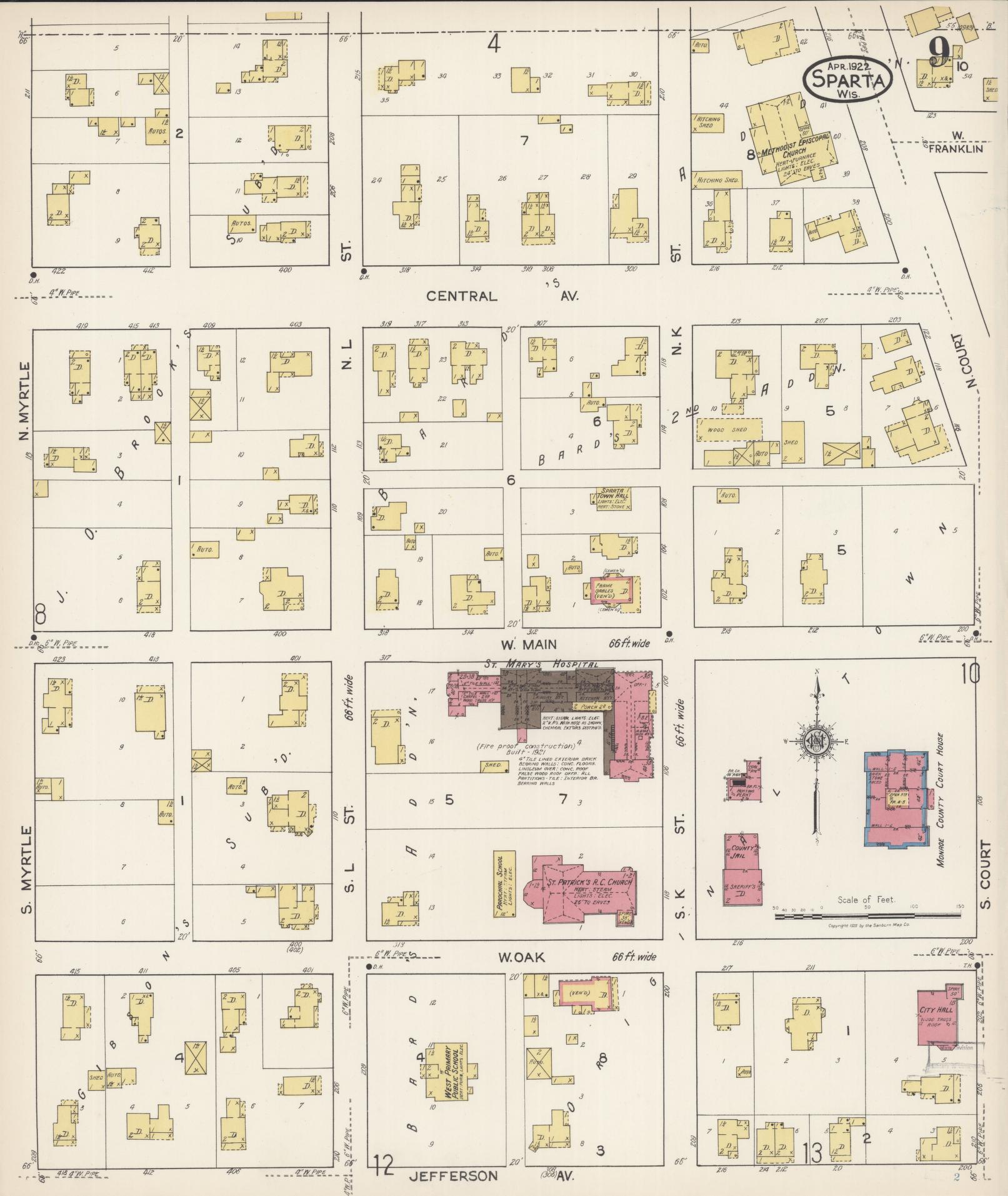 Sanborn Fire Insurance Map from Sparta, Monroe County, Wisconsin (1922), Sheet #0009 - Historic Sanborn Fire Insurance Map Print, vintage old map wall art, antique decor, genealogy gift, Wisconsin Wisconsin map