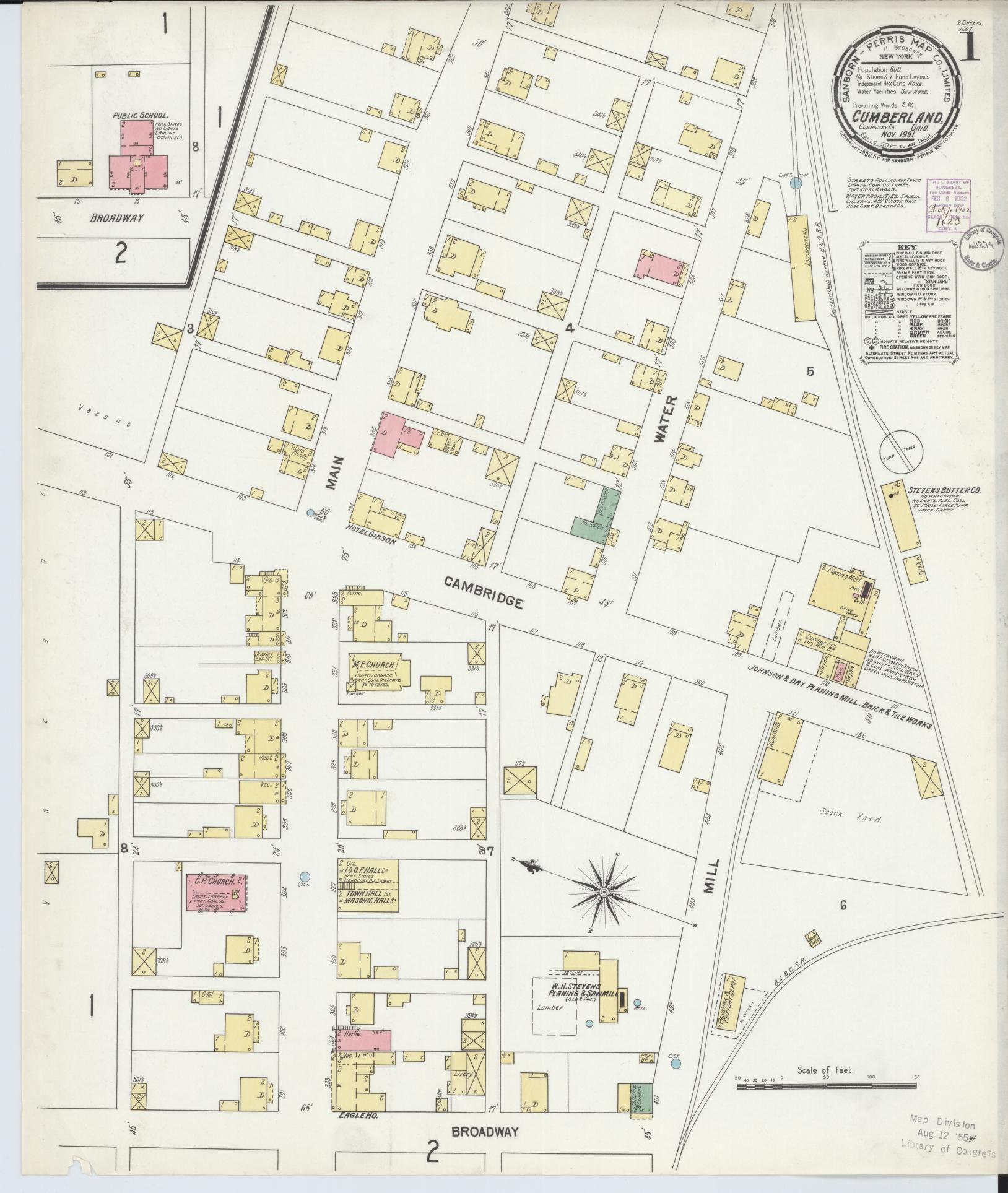 Sanborn Fire Insurance Map from Cumberland, Guernsey County, Ohio (1901), Sheet #0001 - Historic Sanborn Fire Insurance Map Print, vintage old map wall art, antique decor, genealogy gift, Ohio Ohio map