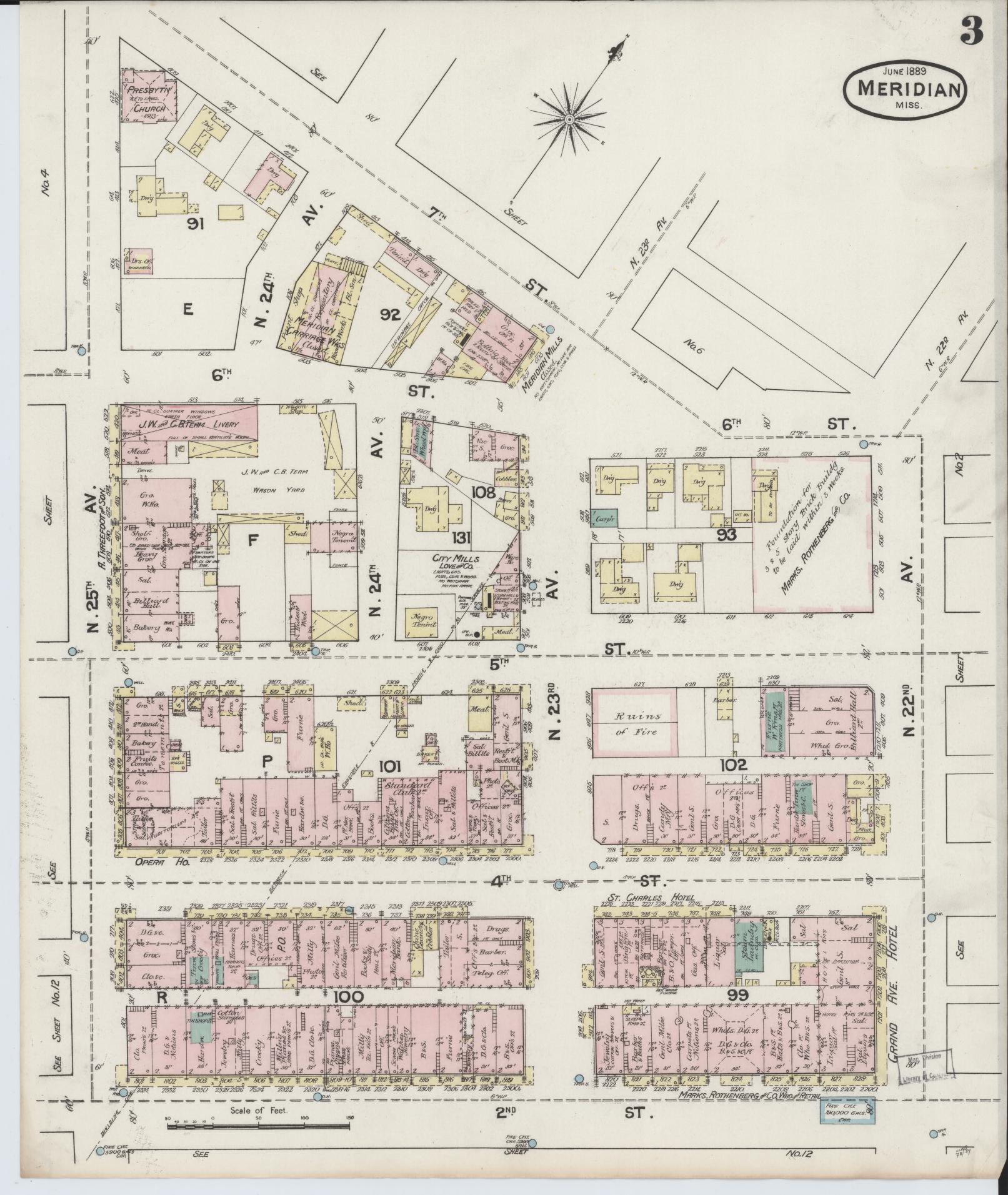 Sanborn Fire Insurance Map from Meridian, Lauderdale County, Mississippi (1889), Sheet #0003 - Historic Sanborn Fire Insurance Map Print, vintage old map wall art, antique decor, genealogy gift, Mississippi Mississippi map