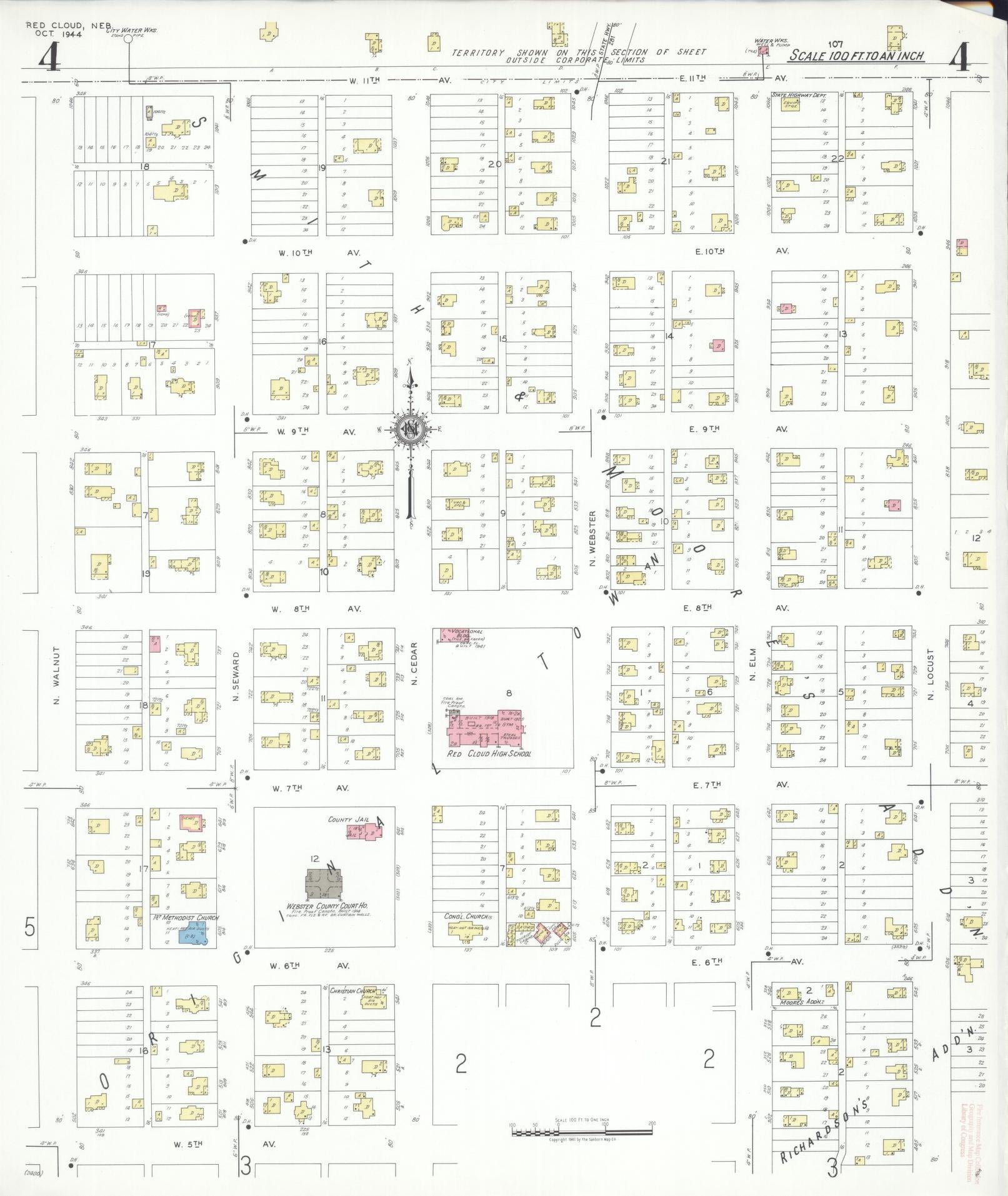 Sanborn Fire Insurance Map from Red Cloud, Webster County, Nebraska (1944), Sheet #0004 - Historic Sanborn Fire Insurance Map Print, vintage old map wall art, antique decor, genealogy gift, Nebraska Nebraska map