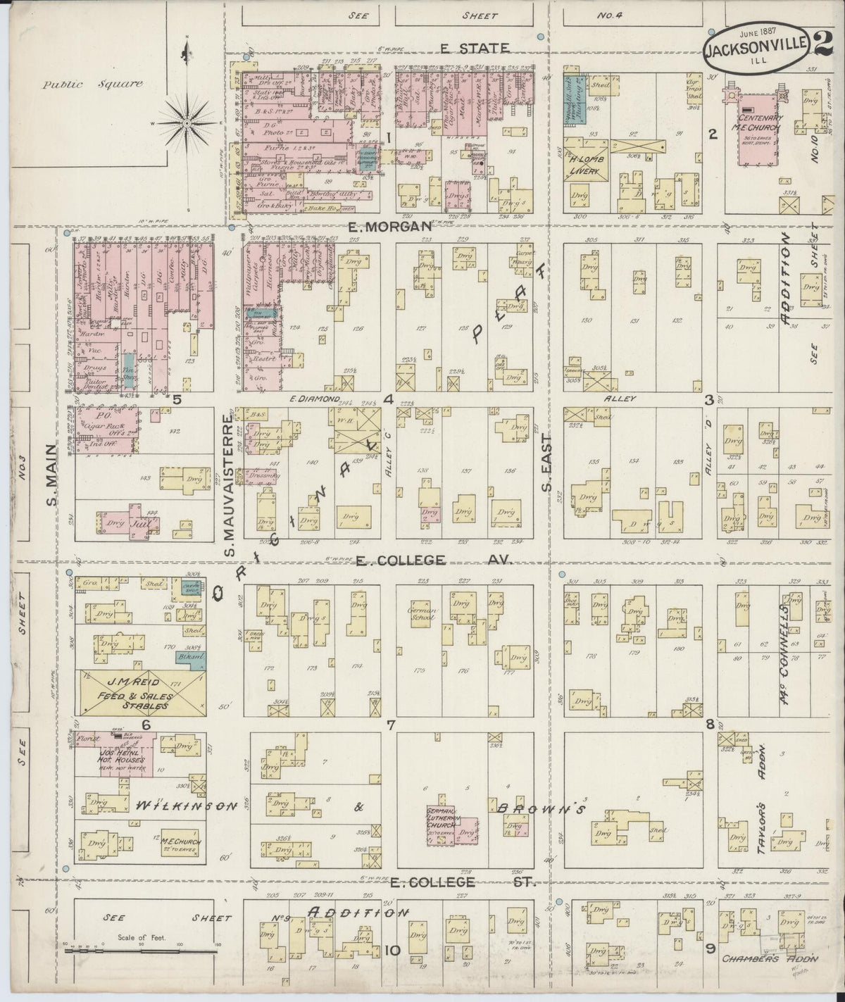 Sanborn Fire Insurance Map from Jacksonville, Morgan County, Illinois (1887), Sheet #0002 - Complete Map Set gallery image, historic Sanborn map, vintage wall art, Illinois Illinois