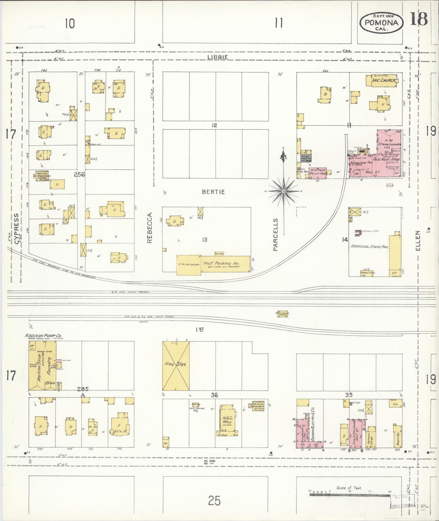 Sanborn Fire Insurance Map from Pomona, Los Angeles County, California (1906), Sheet #0018 - Complete Map Set gallery image, historic Sanborn map, vintage wall art, California California