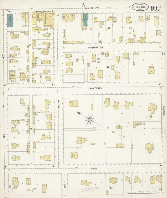 Sanborn Fire Insurance Map from Hollister, San Benito County, California (1902), Sheet #0010 - Historic Sanborn Fire Insurance Map Print, vintage old map wall art, antique decor, genealogy gift, California California map