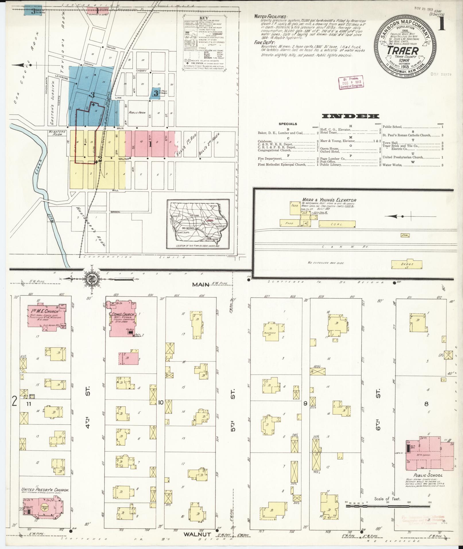 Sanborn Fire Insurance Map from Traer, Tama County, Iowa (1913), Sheet #0001 - Historic Sanborn Fire Insurance Map Print