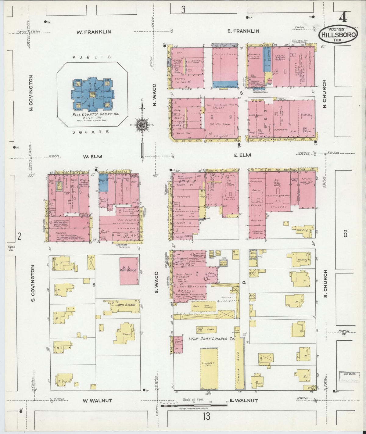 Sanborn Fire Insurance Map from Hillsboro, Hill County, Texas (1918), Sheet #0004 - Historic Sanborn Fire Insurance Map Print, vintage old map wall art, antique decor, genealogy gift, Texas Texas map