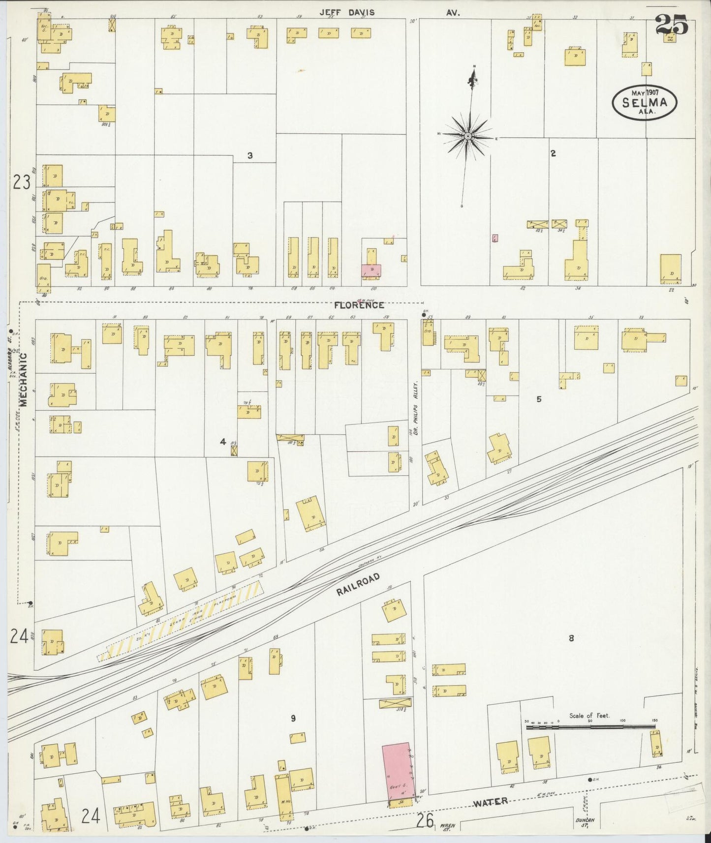 Sanborn Fire Insurance Map from Selma, Dallas County, Alabama (1907), Sheet #0025 - Historic Sanborn Fire Insurance Map Print, vintage old map wall art, antique decor, genealogy gift, Alabama Alabama map