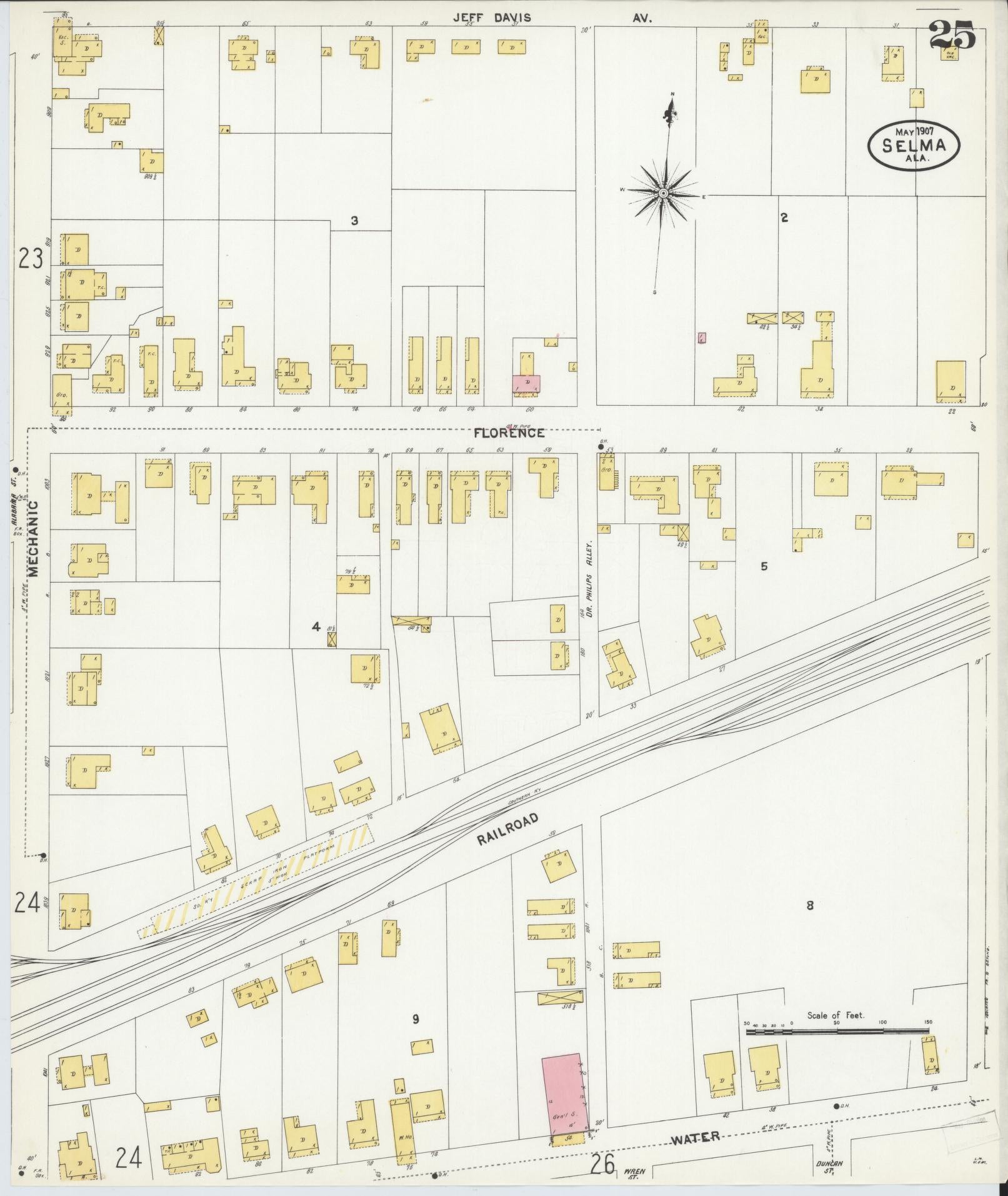 Sanborn Fire Insurance Map from Selma, Dallas County, Alabama (1907), Sheet #0025 - Historic Sanborn Fire Insurance Map Print, vintage old map wall art, antique decor, genealogy gift, Alabama Alabama map