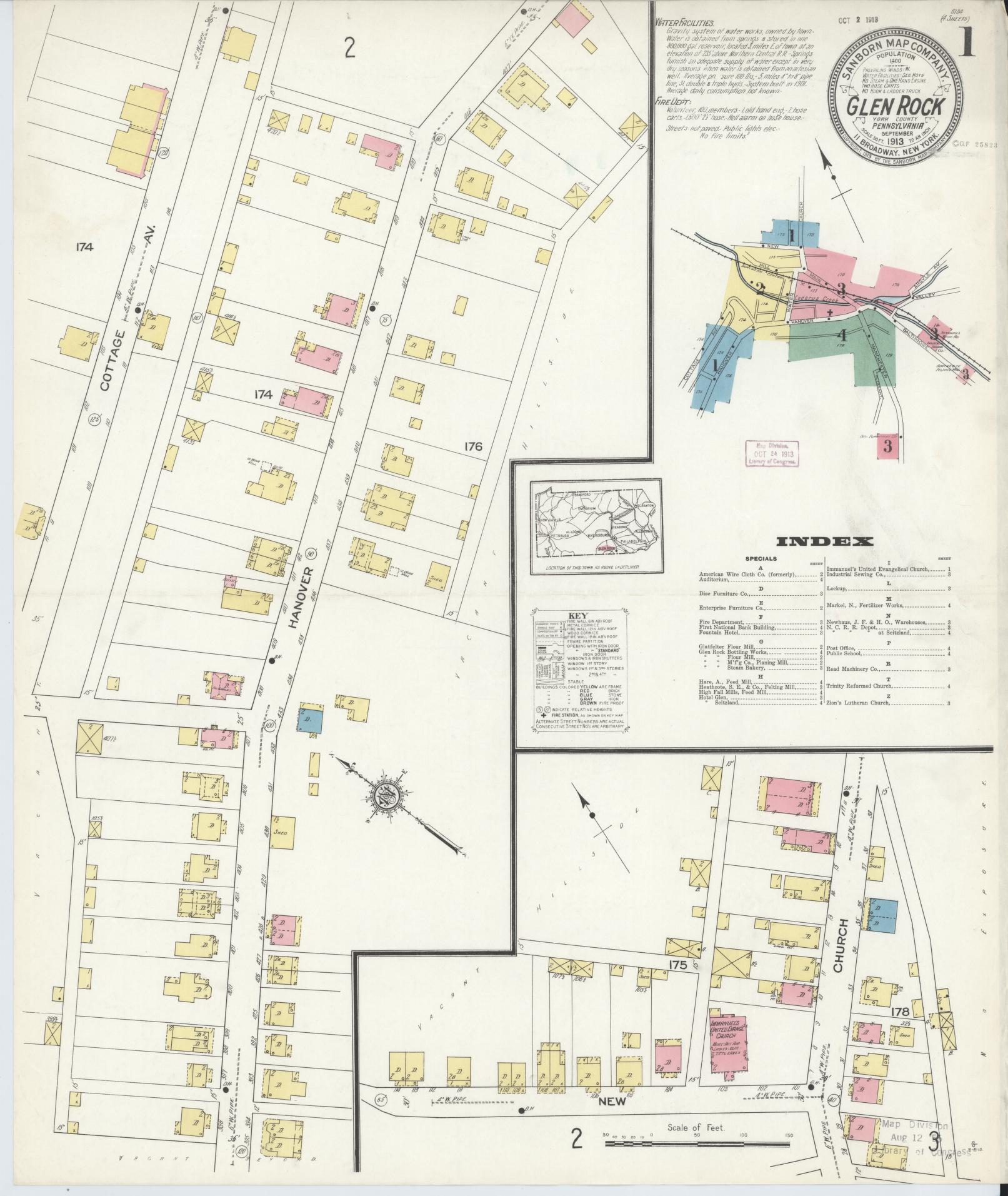 Sanborn Fire Insurance Map from Glen Rock, York County, Pennsylvania (1913), Sheet #0001 - Historic Sanborn Fire Insurance Map Print, vintage old map wall art, antique decor, genealogy gift, Pennsylvania Pennsylvania map